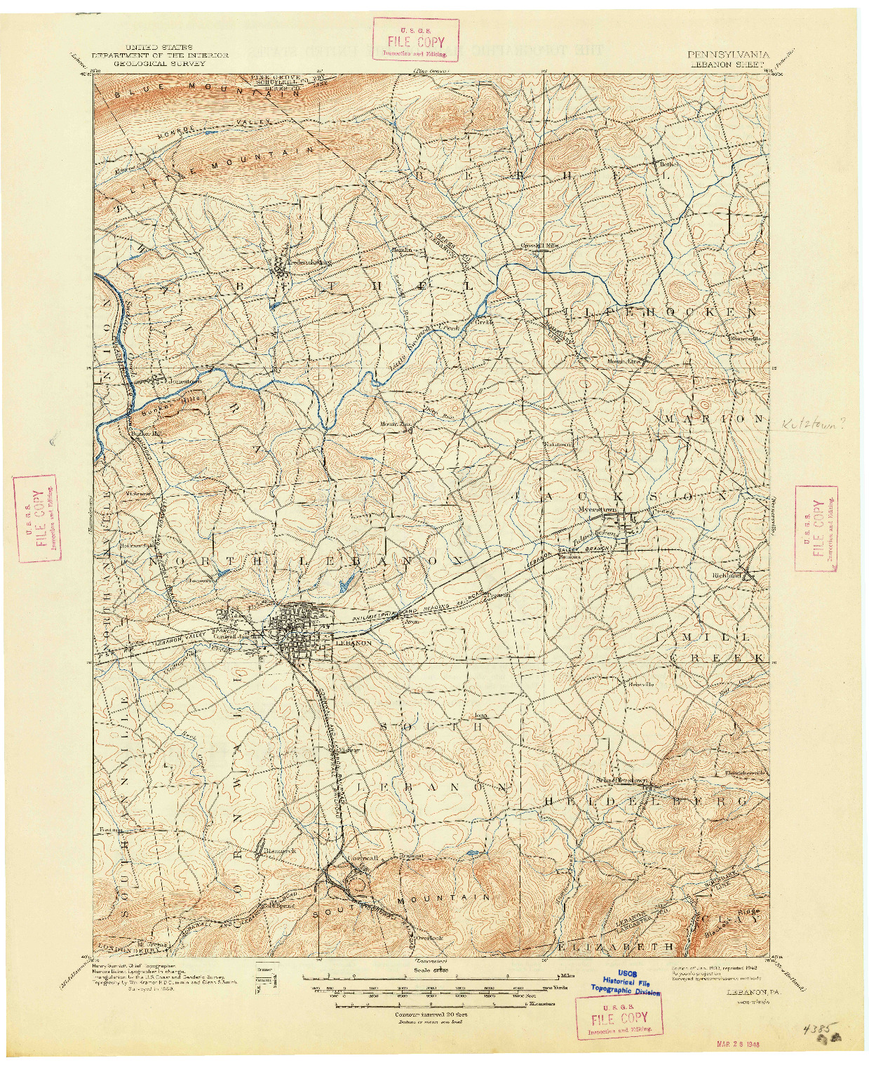 USGS 1:62500-SCALE QUADRANGLE FOR LEBANON, PA 1899