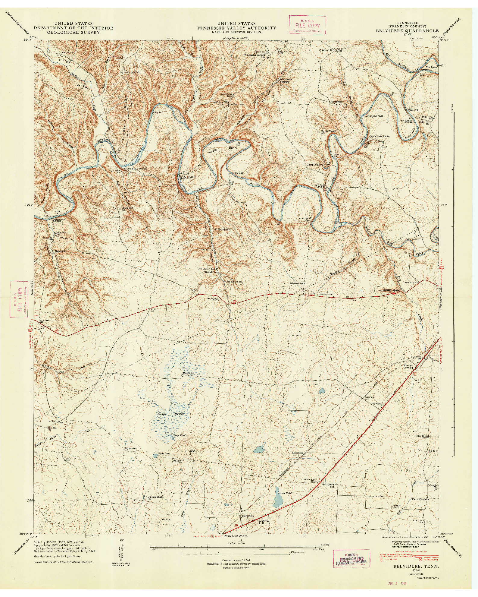 USGS 1:24000-SCALE QUADRANGLE FOR BELVIDERE, TN 1947