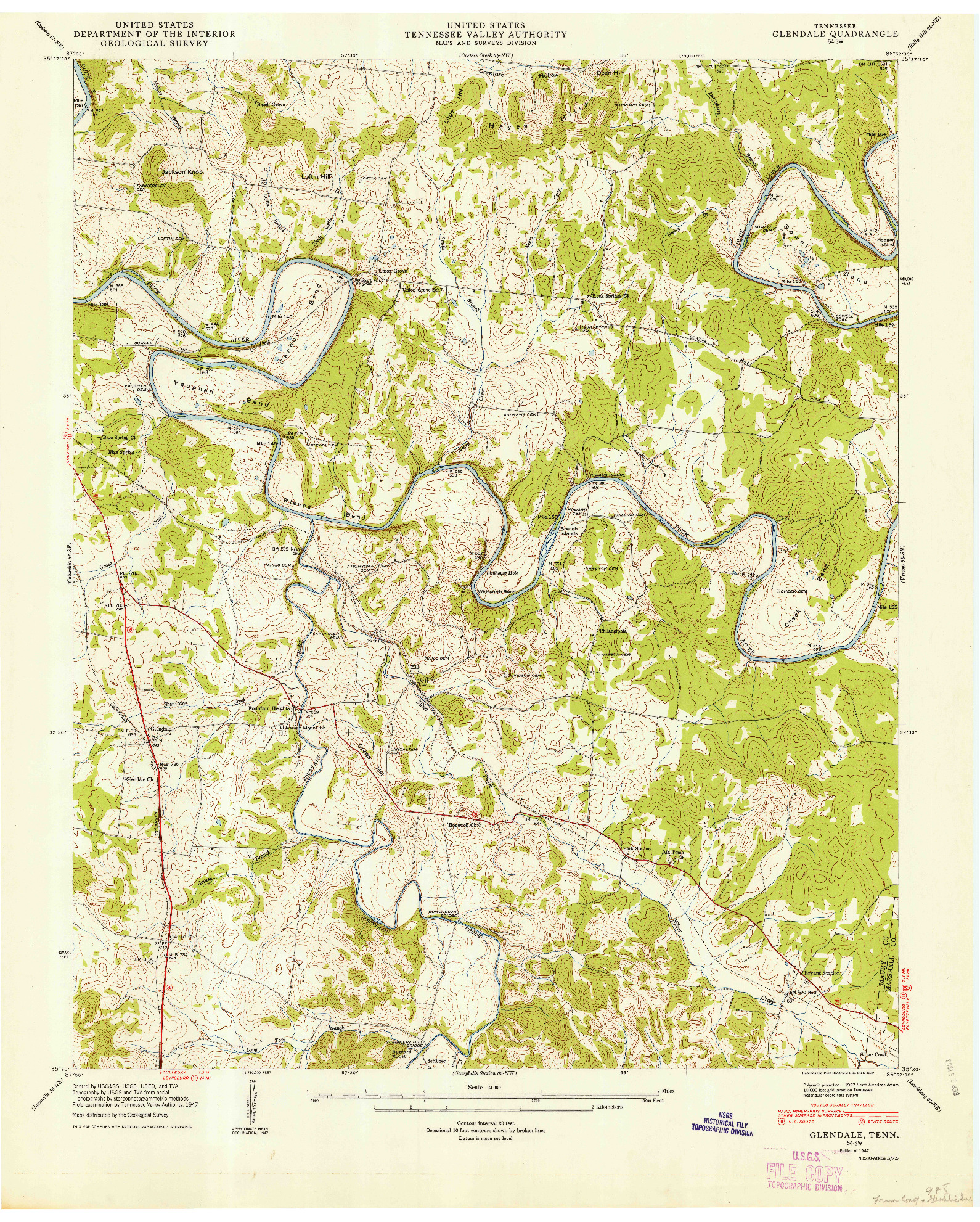 USGS 1:24000-SCALE QUADRANGLE FOR GLENDALE, TN 1947