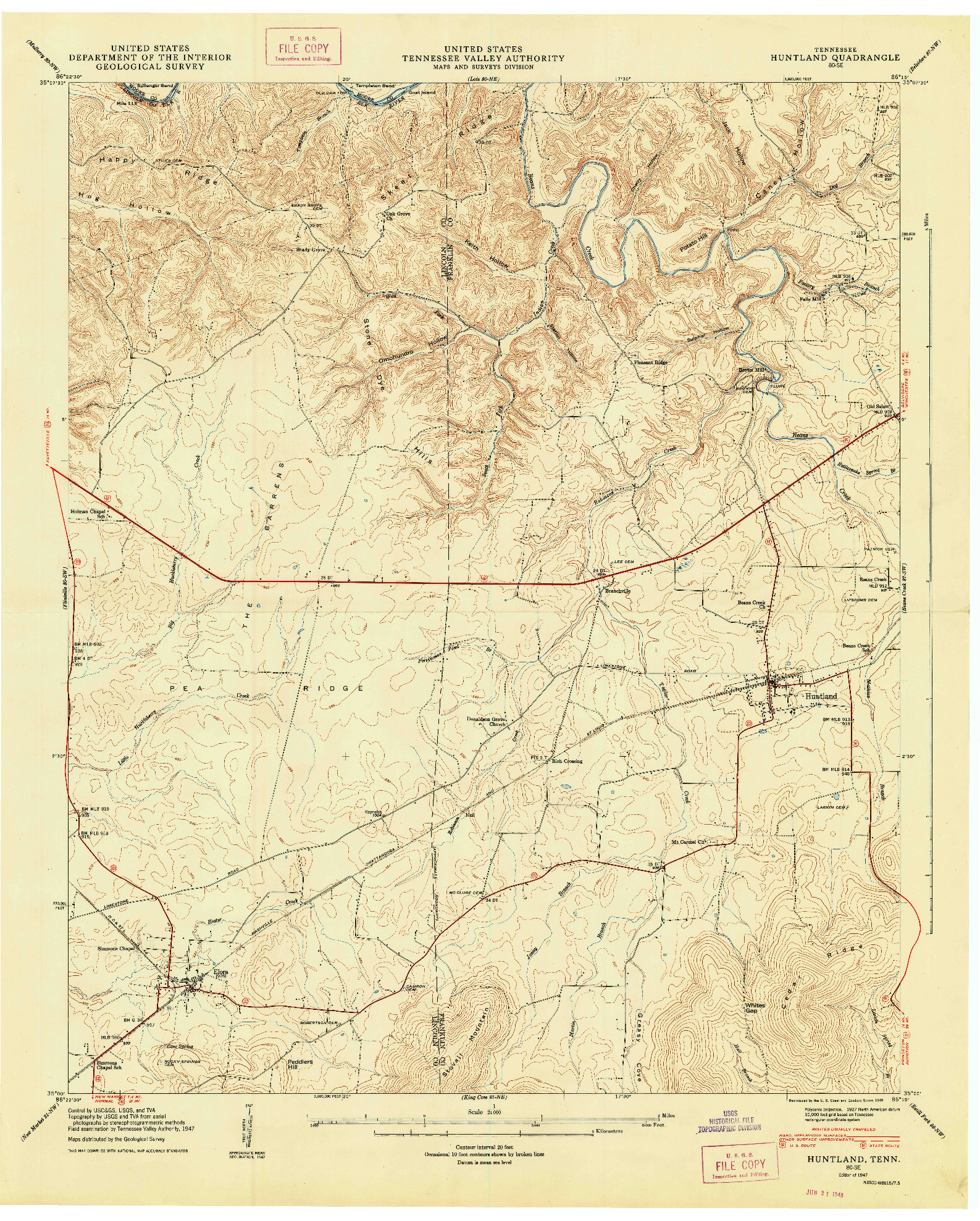 USGS 1:24000-SCALE QUADRANGLE FOR HUNTLAND, TN 1947