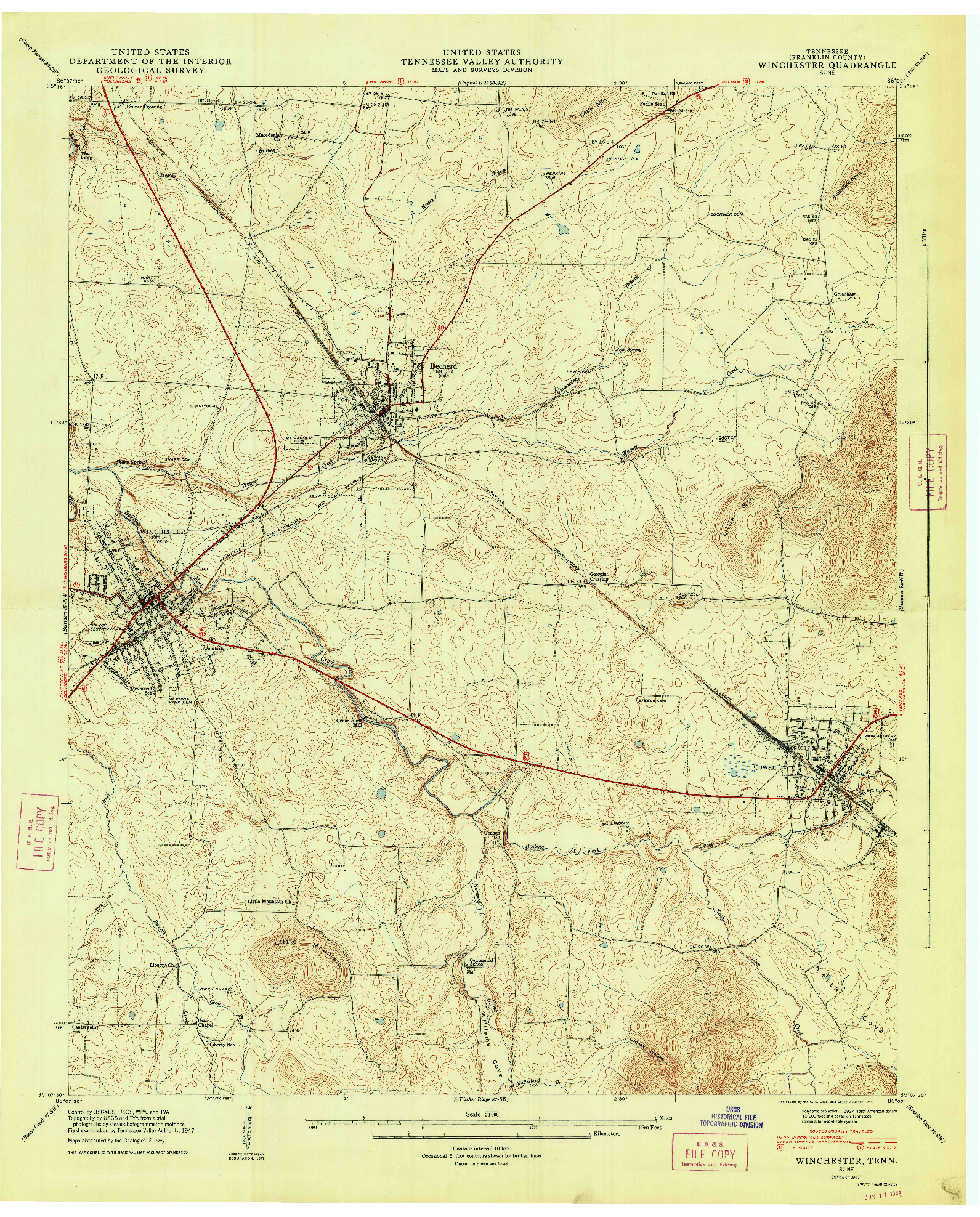 USGS 1:24000-SCALE QUADRANGLE FOR WINCHESTER, TN 1947