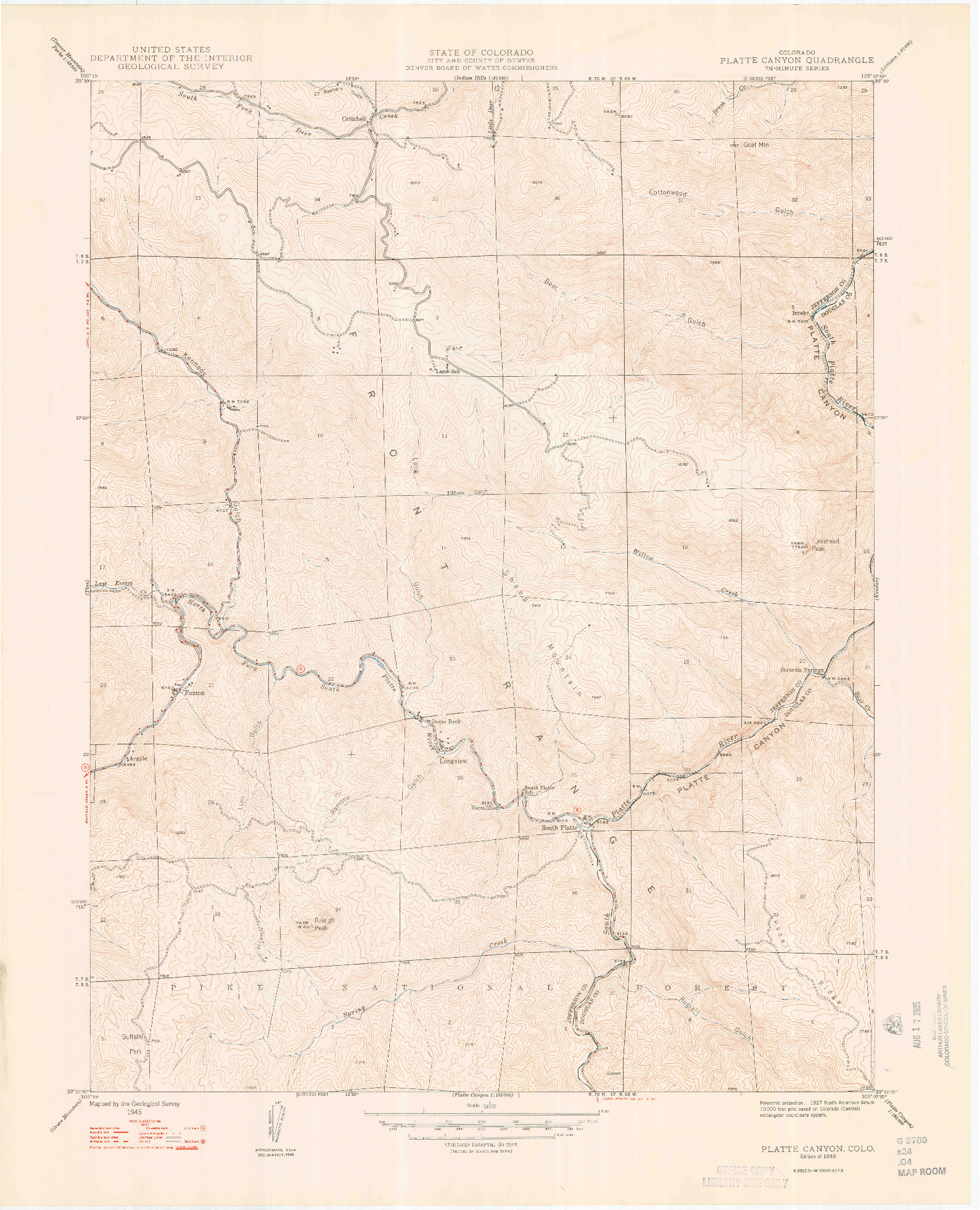 USGS 1:24000-SCALE QUADRANGLE FOR PLATTE CANYON, CO 1948