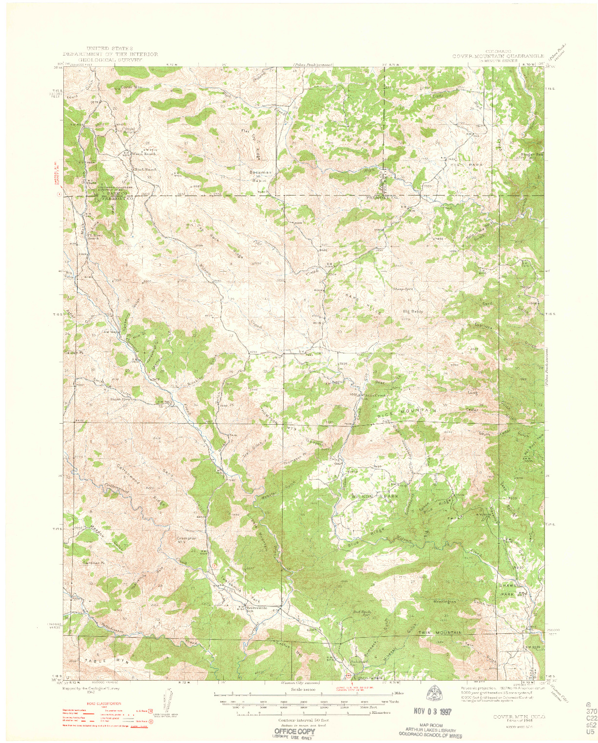 USGS 1:62500-SCALE QUADRANGLE FOR COVER MTN., CO 1948