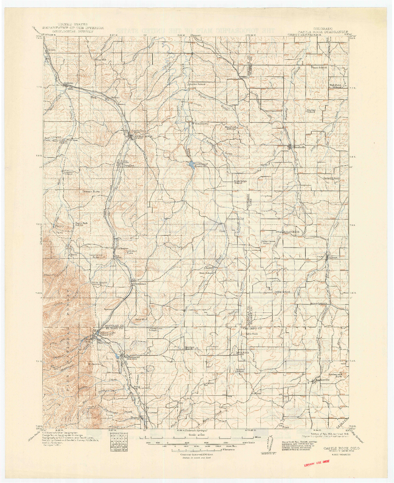 USGS 1:125000-SCALE QUADRANGLE FOR CASTLE ROCK, CO 1913