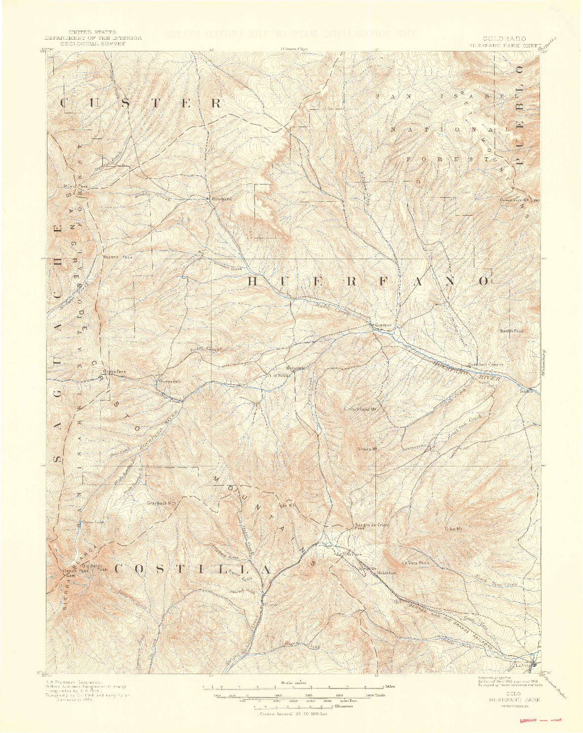 USGS 1:125000-SCALE QUADRANGLE FOR HUERFANO PARK, CO 1892