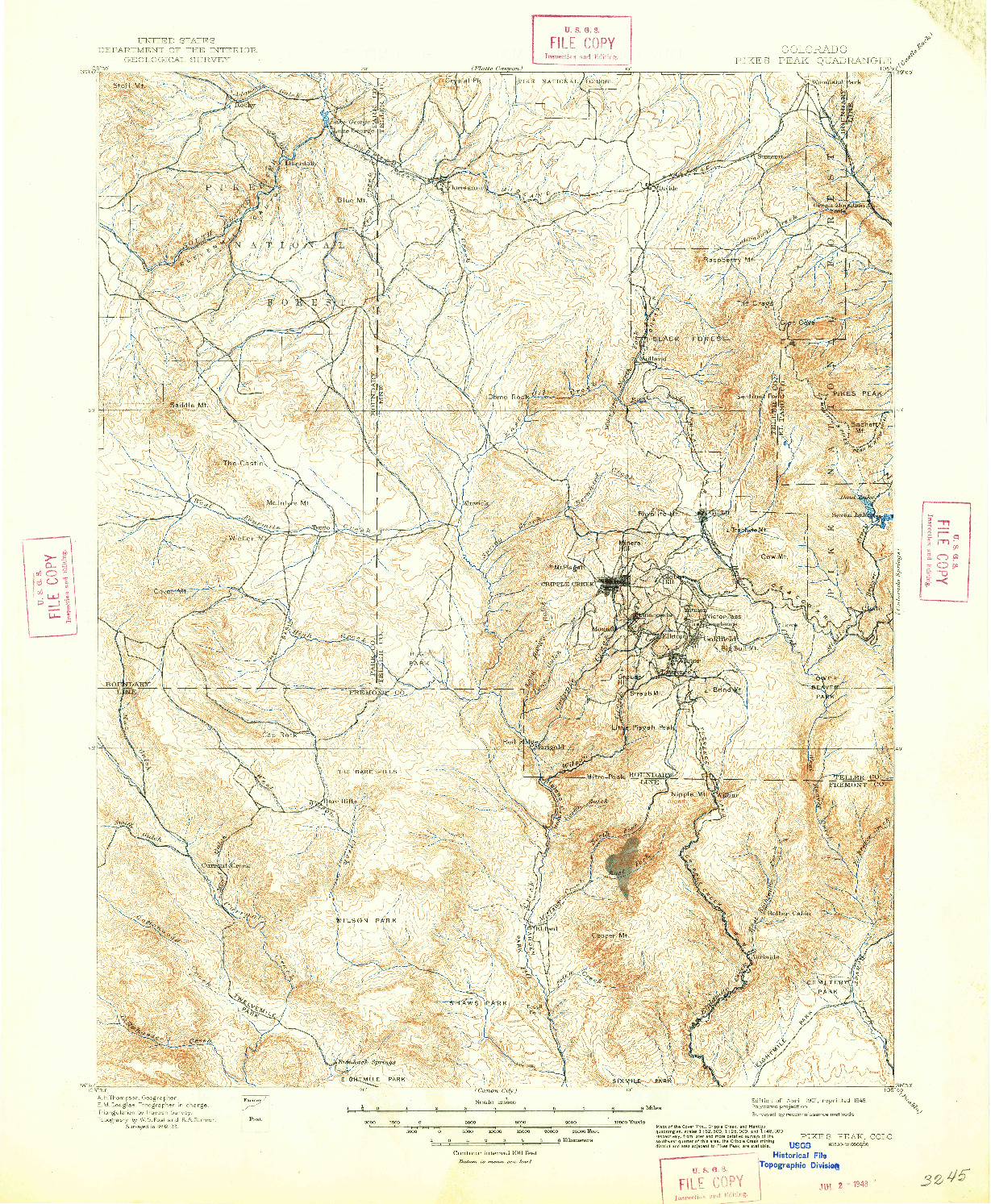 USGS 1:125000-SCALE QUADRANGLE FOR PIKES PEAK, CO 1901