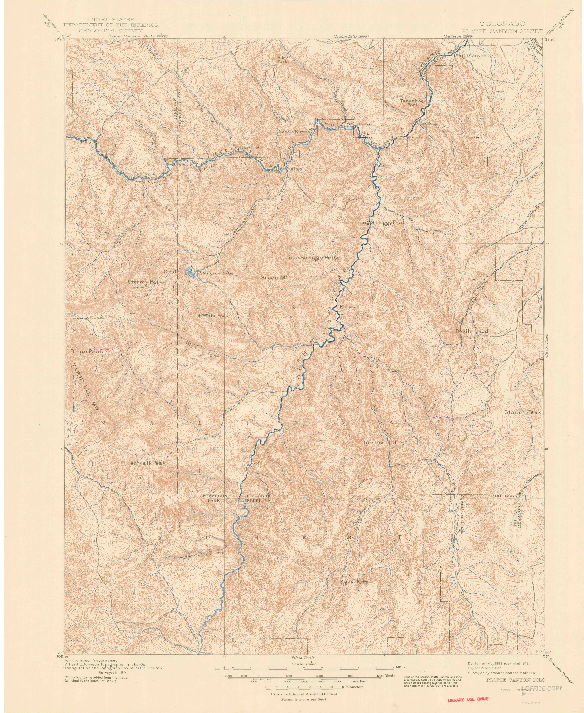 USGS 1:125000-SCALE QUADRANGLE FOR PLATTE CANYON, CO 1893