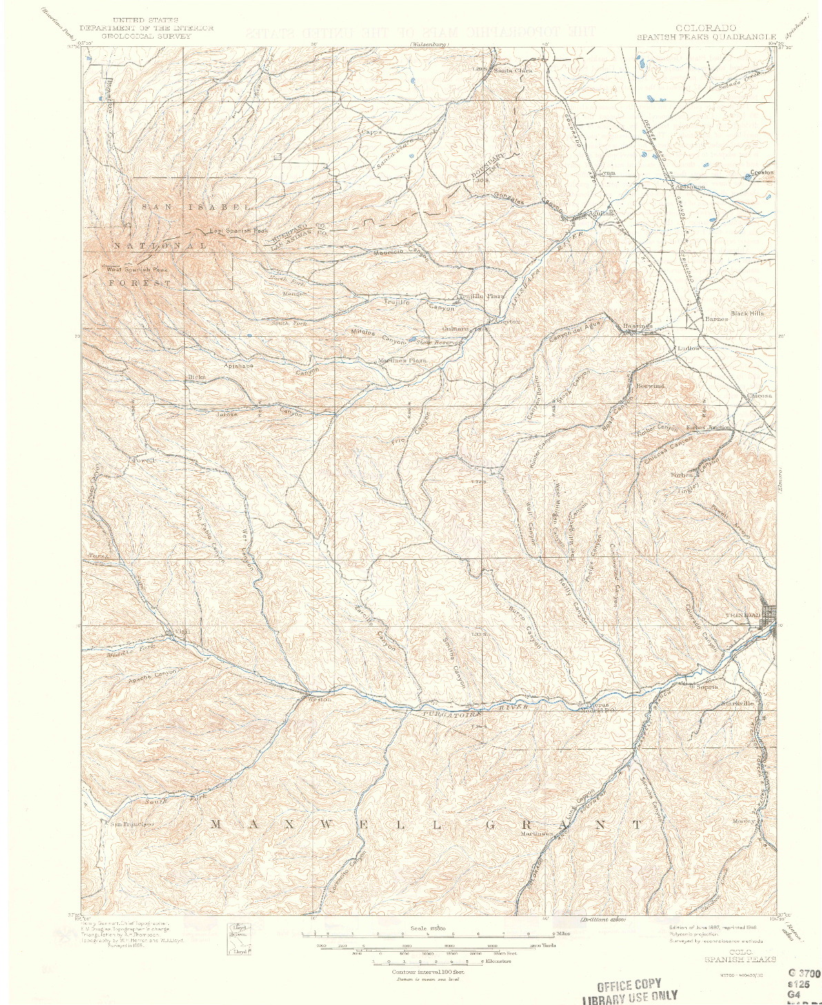 USGS 1:125000-SCALE QUADRANGLE FOR SPANISH PEAKS, CO 1897