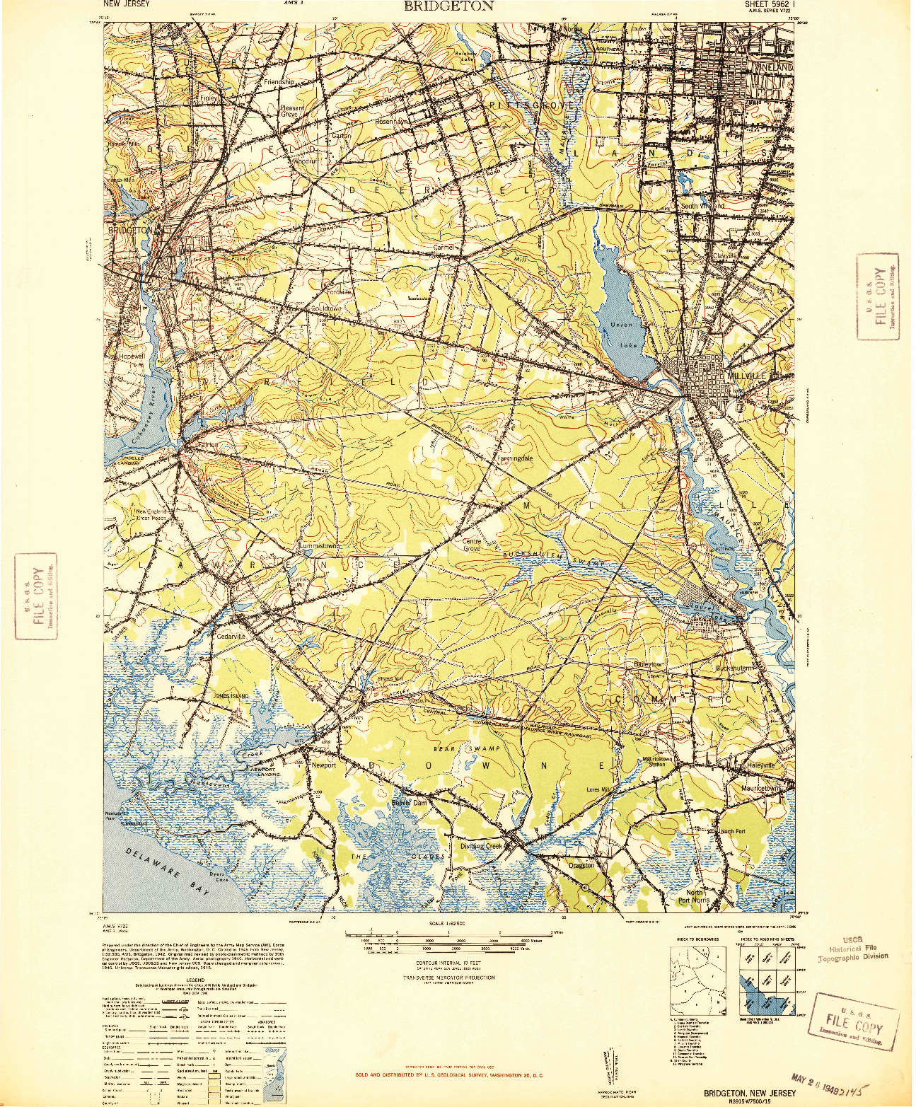 USGS 1:62500-SCALE QUADRANGLE FOR BRIDGETON, NJ 1948