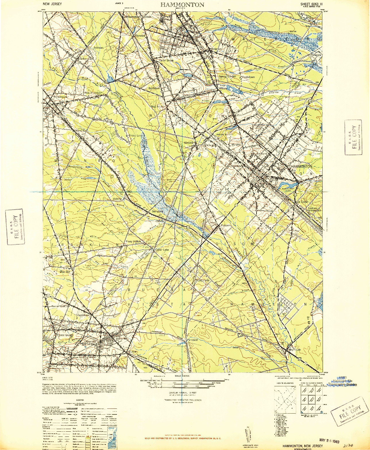 USGS 1:62500-SCALE QUADRANGLE FOR HAMMONTON, NJ 1948