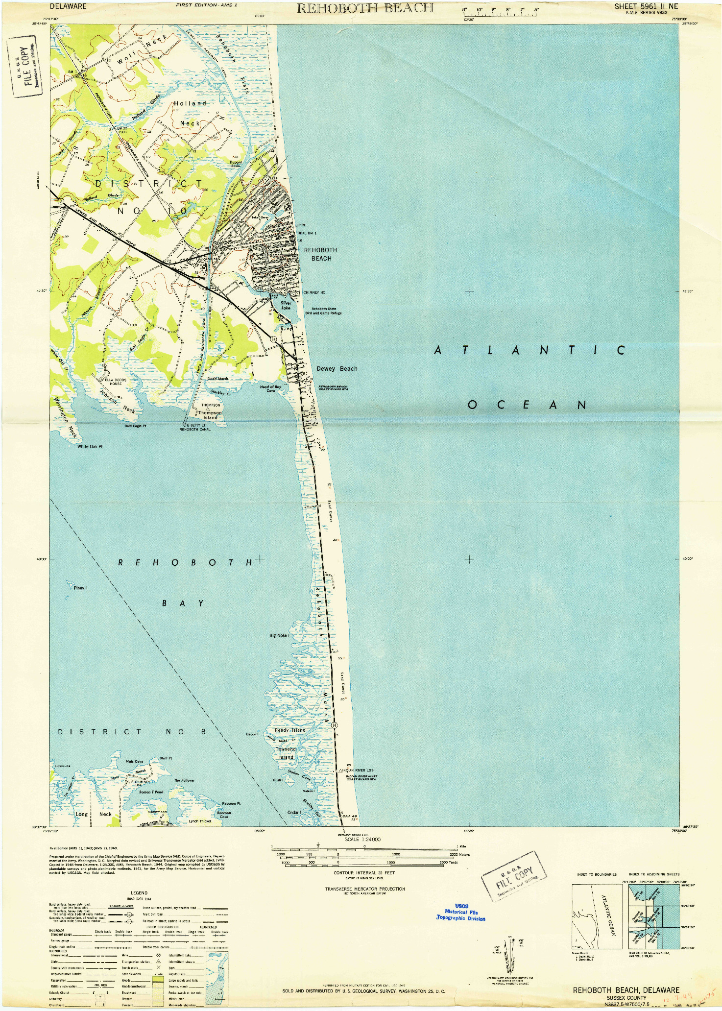 USGS 1:24000-SCALE QUADRANGLE FOR REHOBOTH BEACH, DE 1948