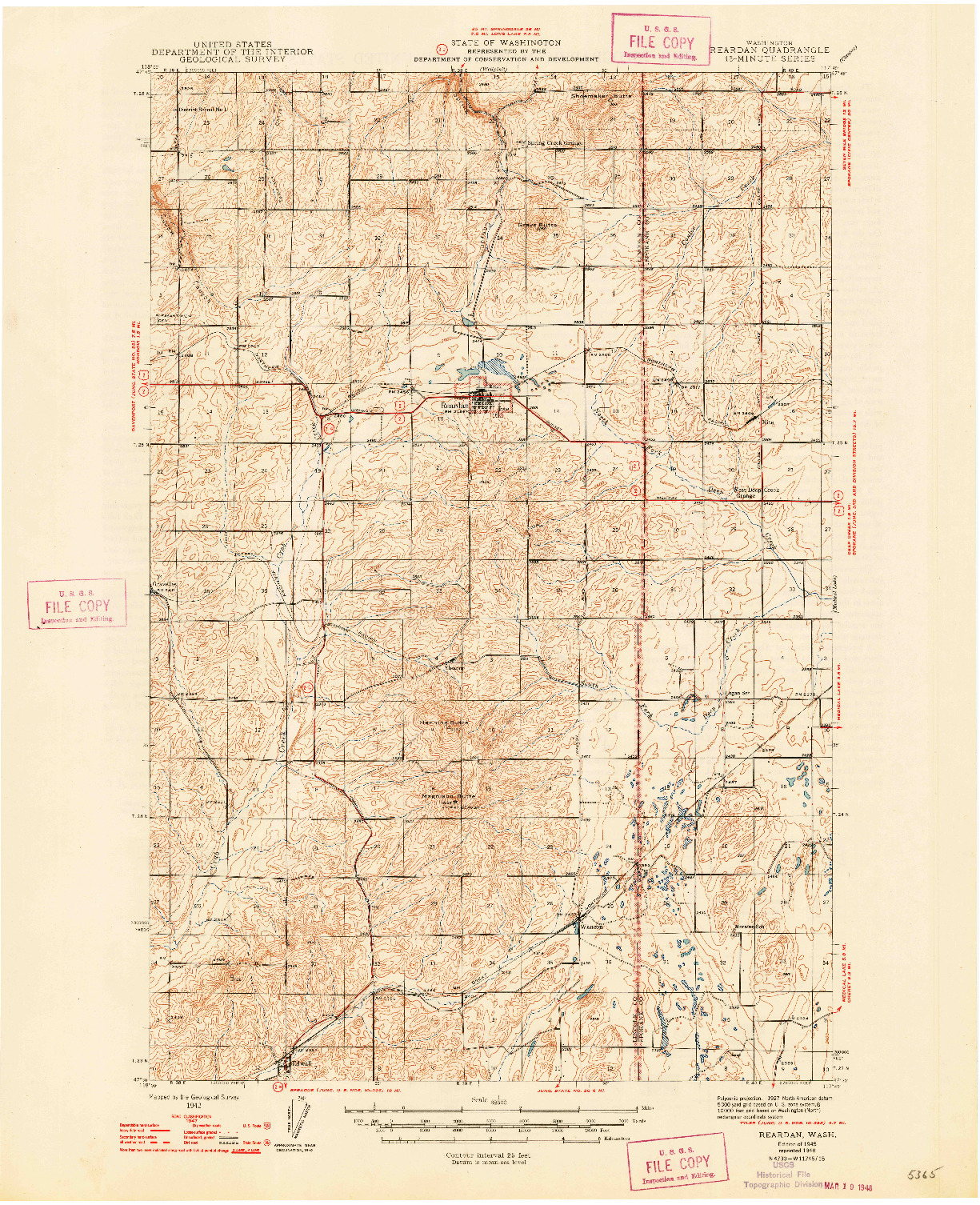 USGS 1:62500-SCALE QUADRANGLE FOR REARDAN, WA 1945