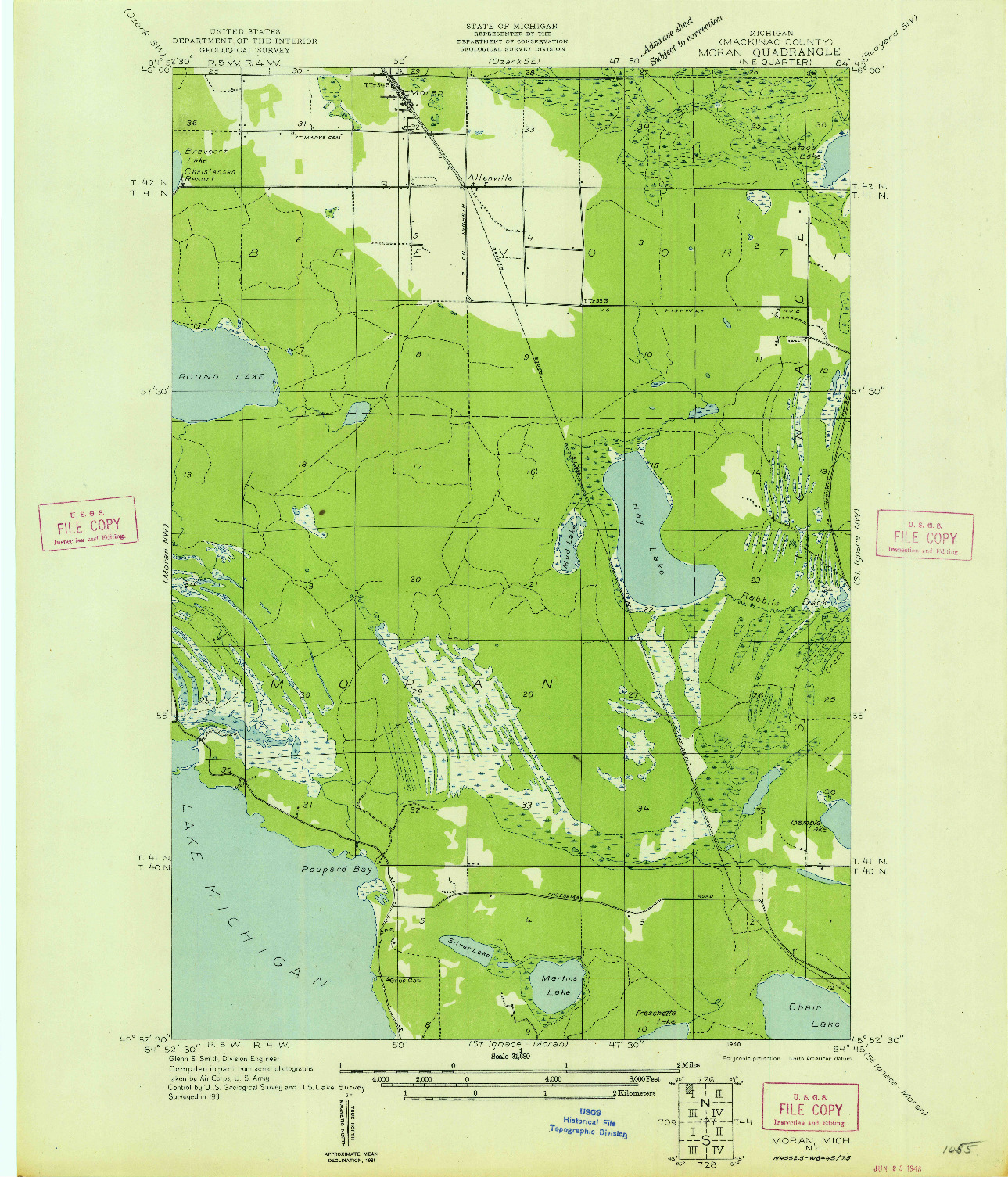 USGS 1:31680-SCALE QUADRANGLE FOR MORAN NE, MI 1948