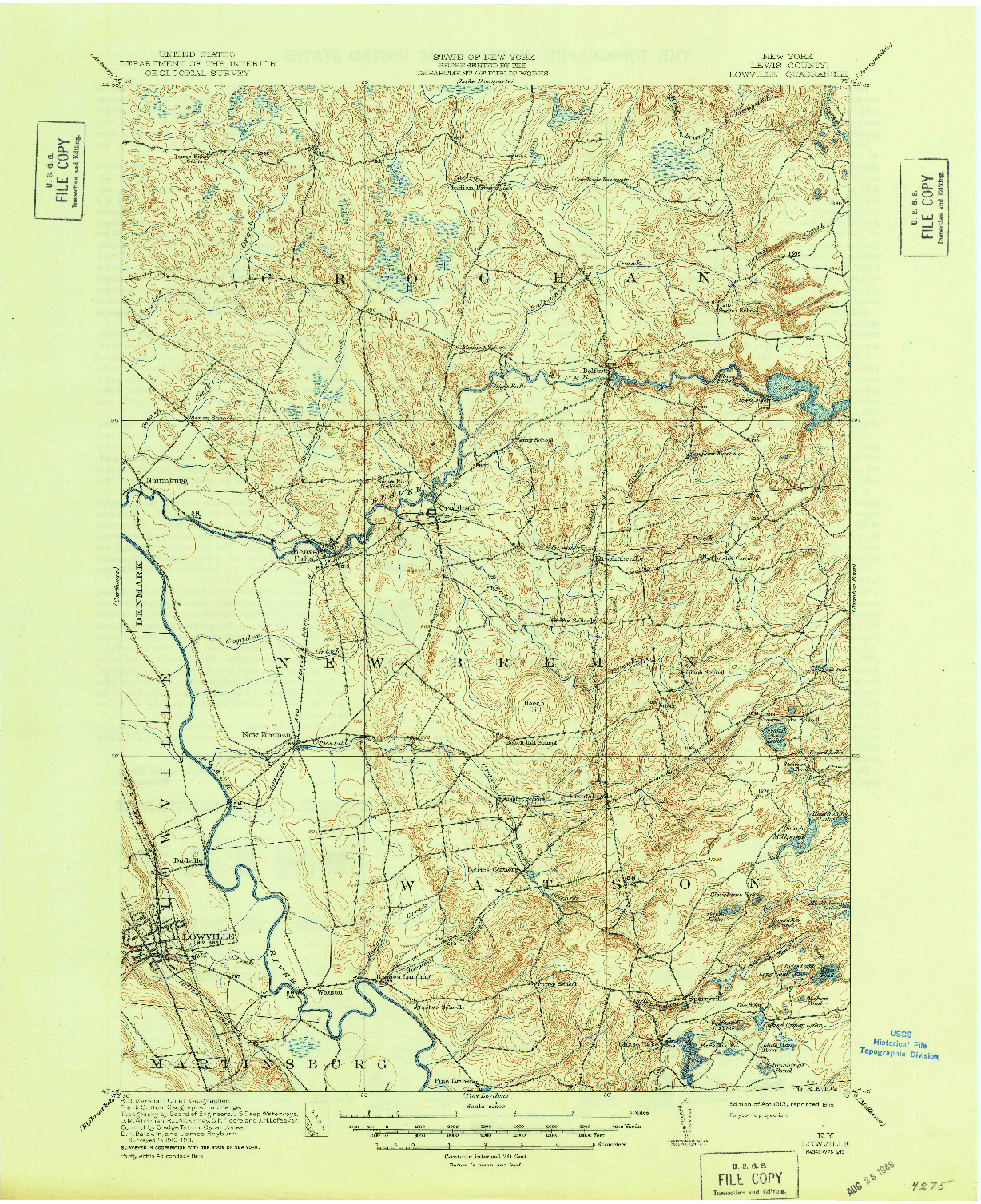 USGS 1:62500-SCALE QUADRANGLE FOR LOWVILLE, NY 1913