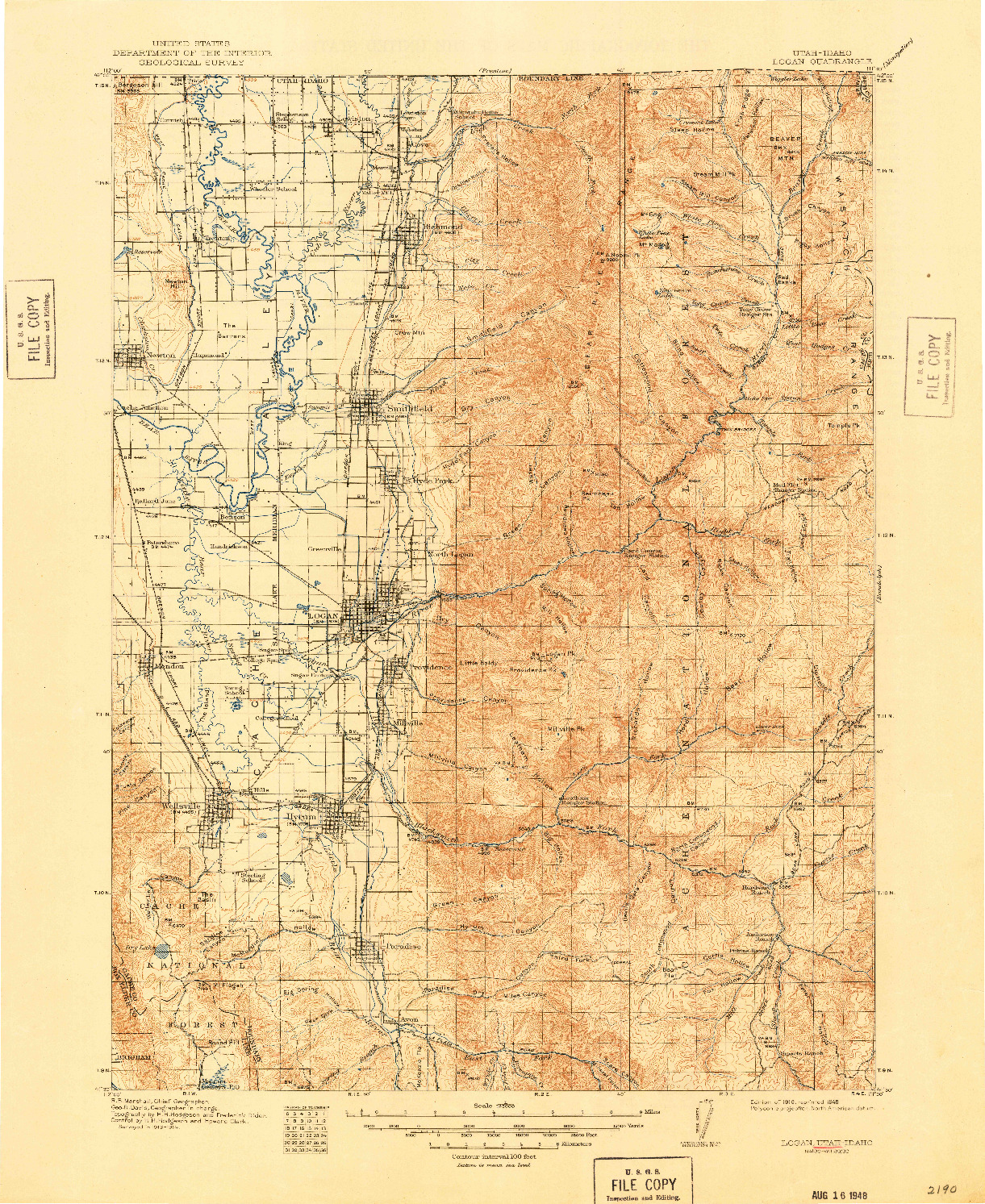 USGS 1:125000-SCALE QUADRANGLE FOR LOGAN, UT 1916