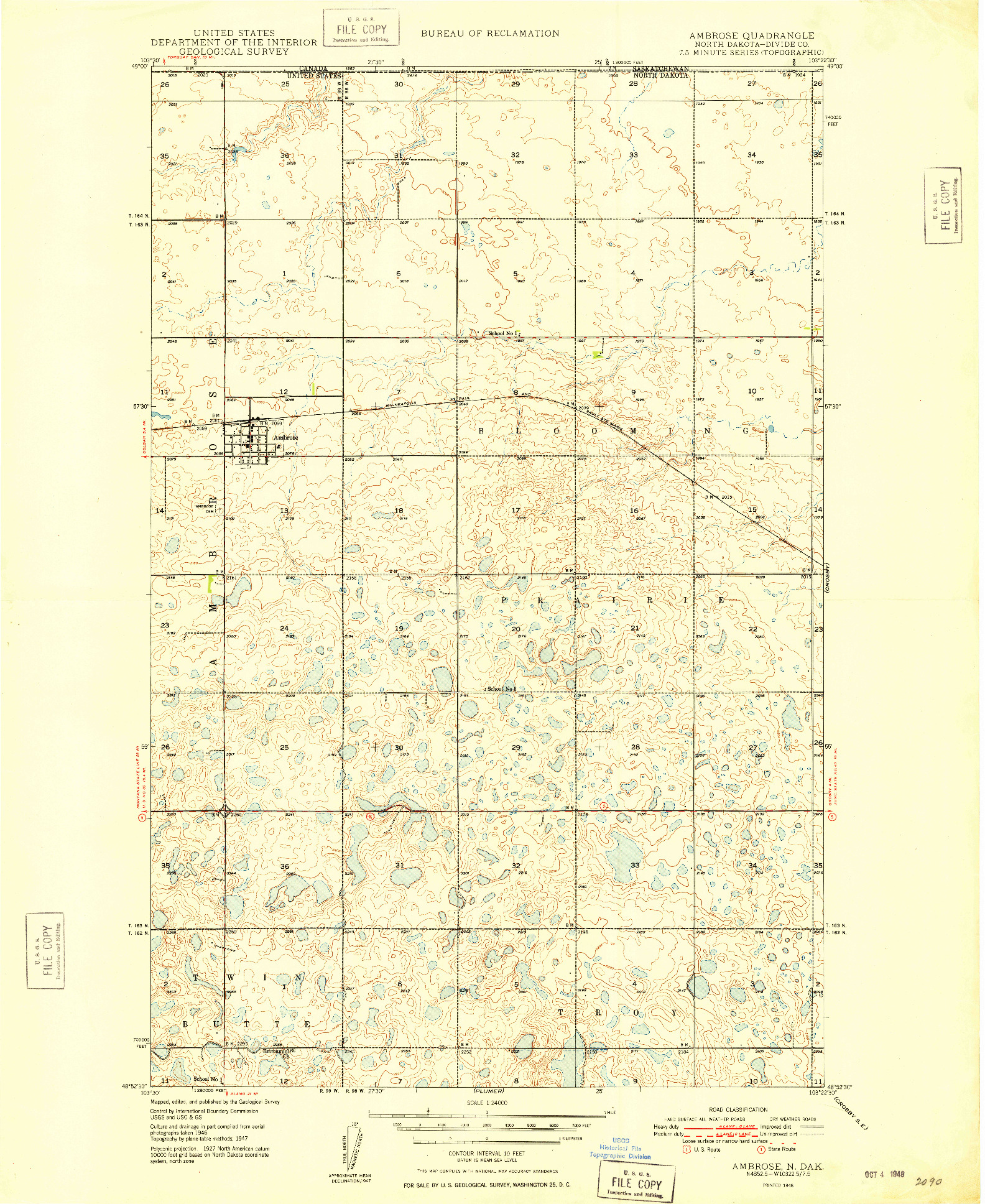 USGS 1:24000-SCALE QUADRANGLE FOR AMBROSE, ND 1948