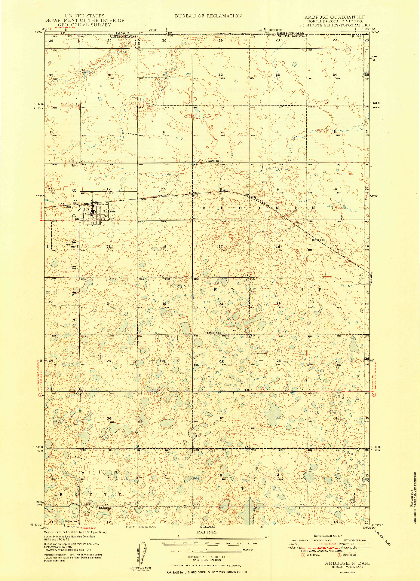 USGS 1:24000-SCALE QUADRANGLE FOR AMBROSE, ND 1948