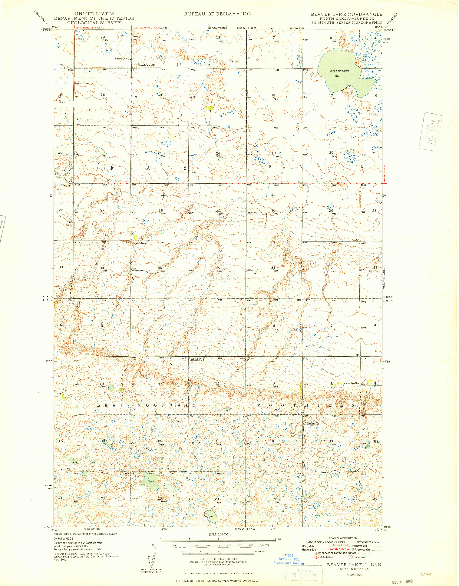 USGS 1:24000-SCALE QUADRANGLE FOR BEAVER LAKE, ND 1948