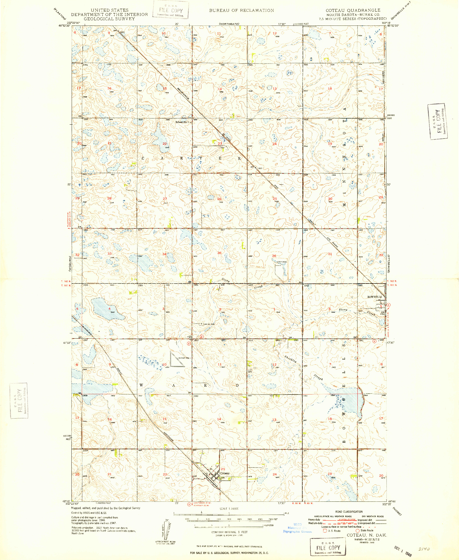 USGS 1:24000-SCALE QUADRANGLE FOR COTEAU, ND 1948