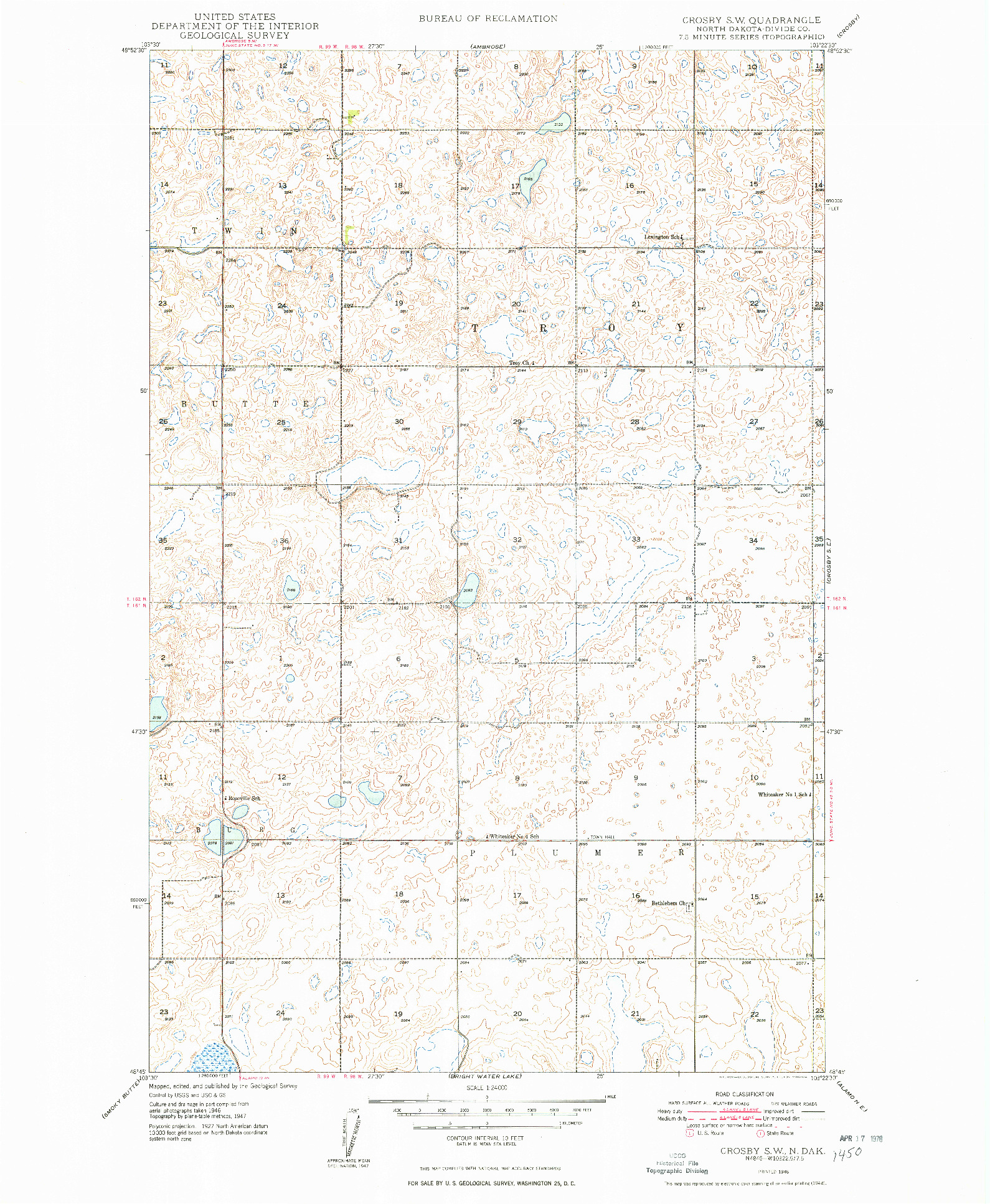 USGS 1:24000-SCALE QUADRANGLE FOR CROSBY SW, ND 1948