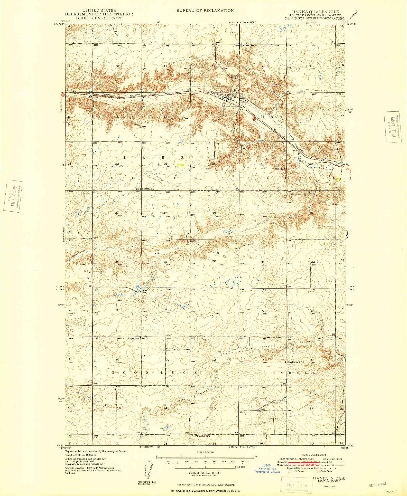 USGS 1:24000-SCALE QUADRANGLE FOR HANKS, ND 1948