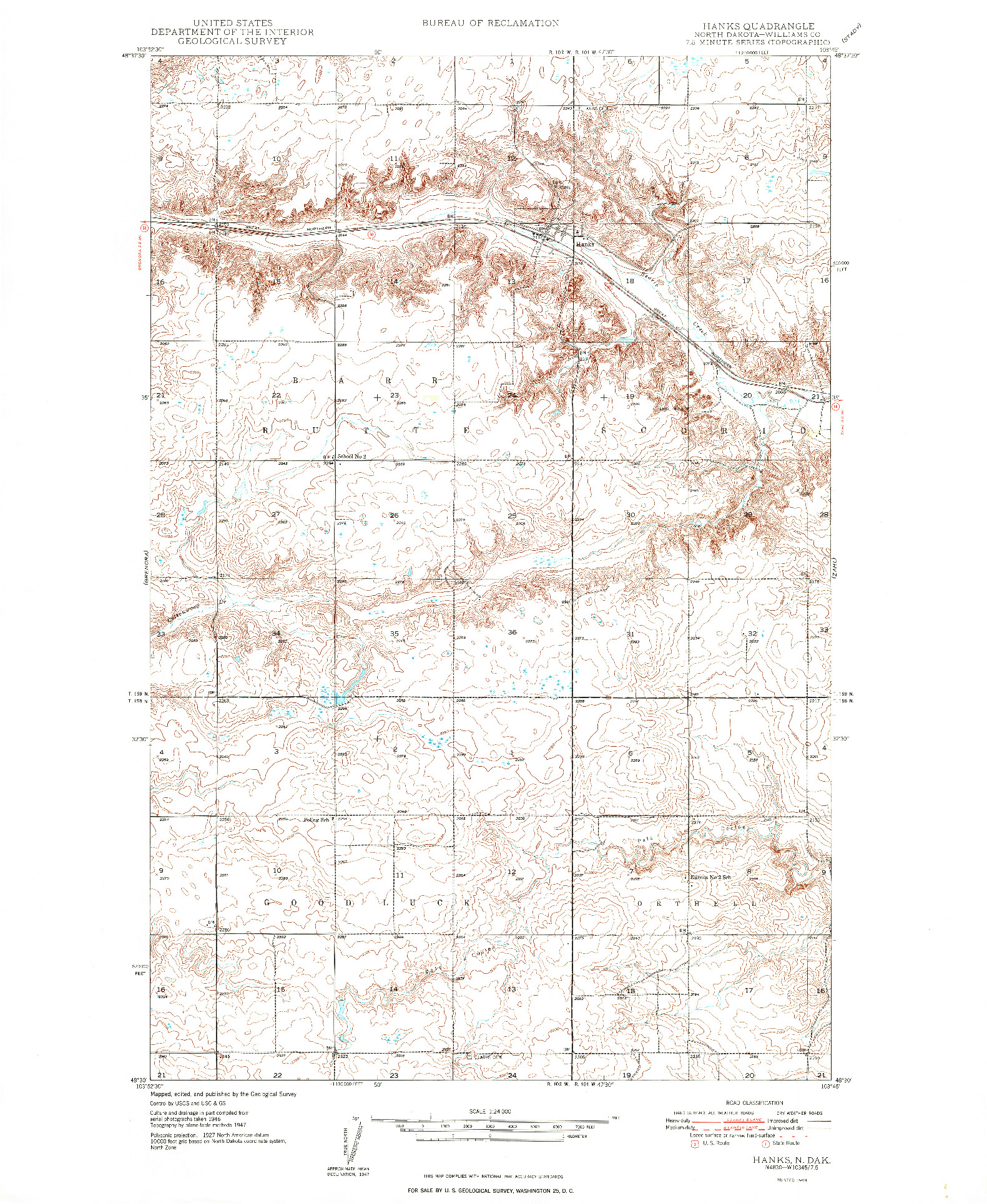 USGS 1:24000-SCALE QUADRANGLE FOR HANKS, ND 1948