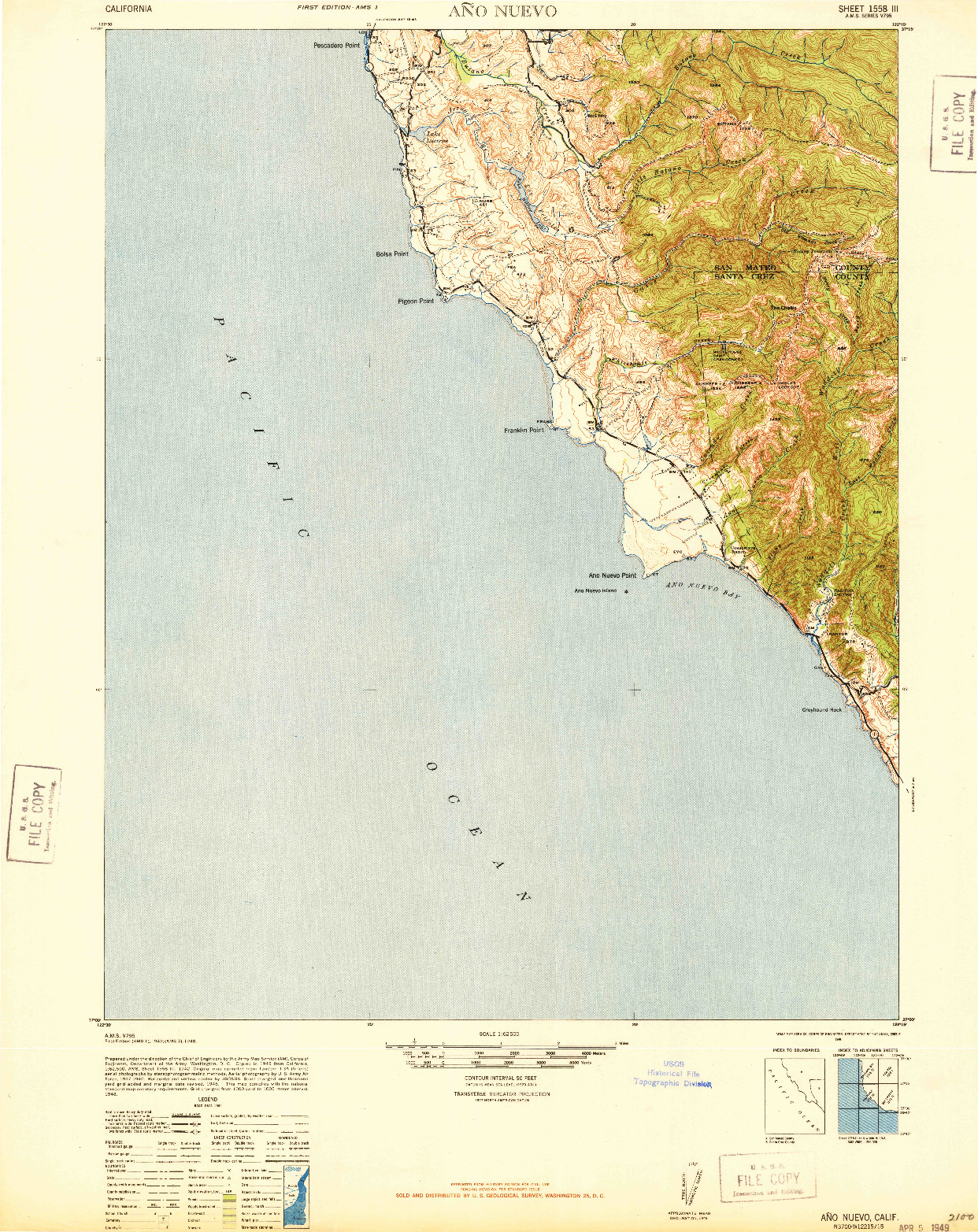 USGS 1:62500-SCALE QUADRANGLE FOR ANO NUEVO, CA 1942
