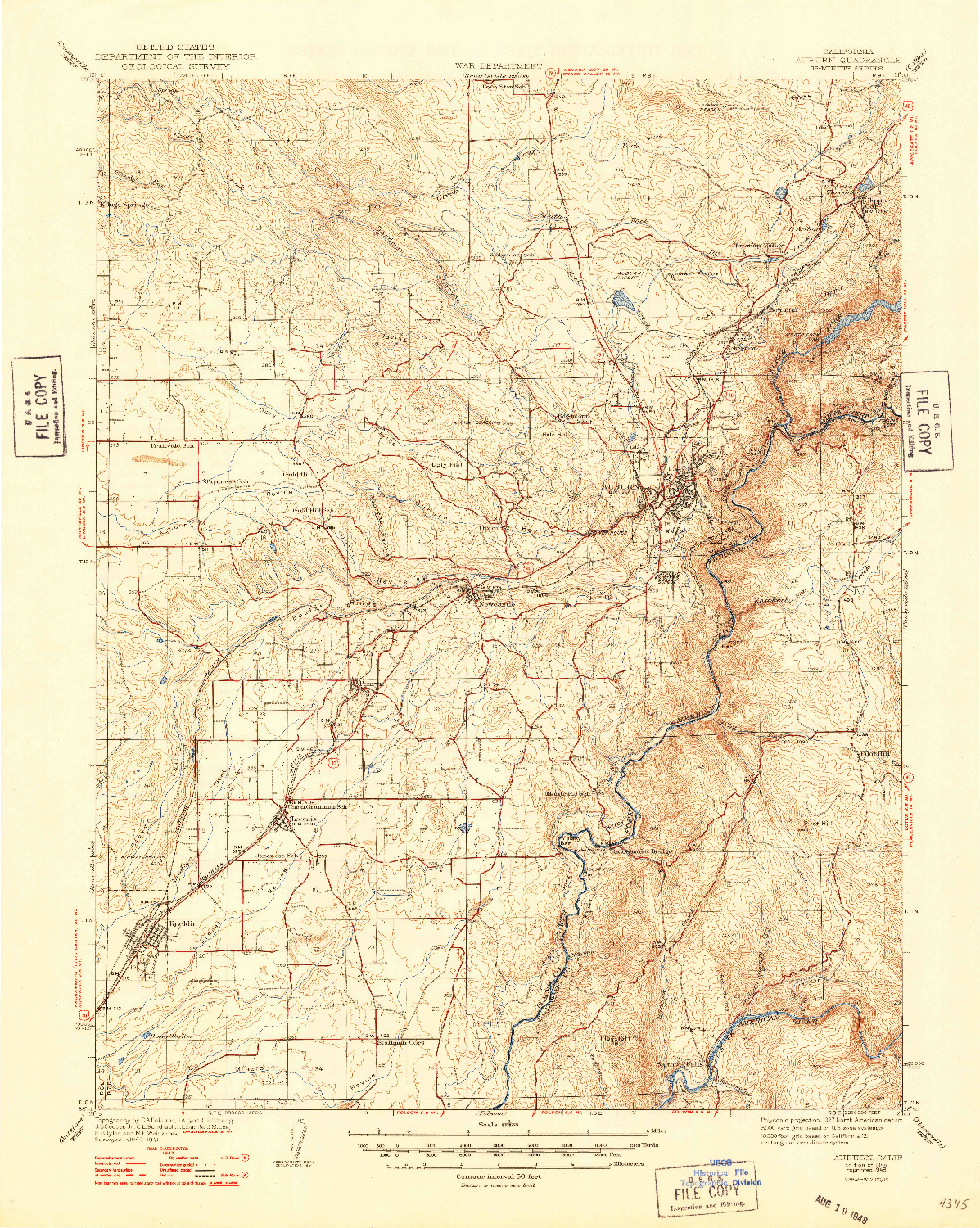 USGS 1:62500-SCALE QUADRANGLE FOR AUBURN, CA 1944