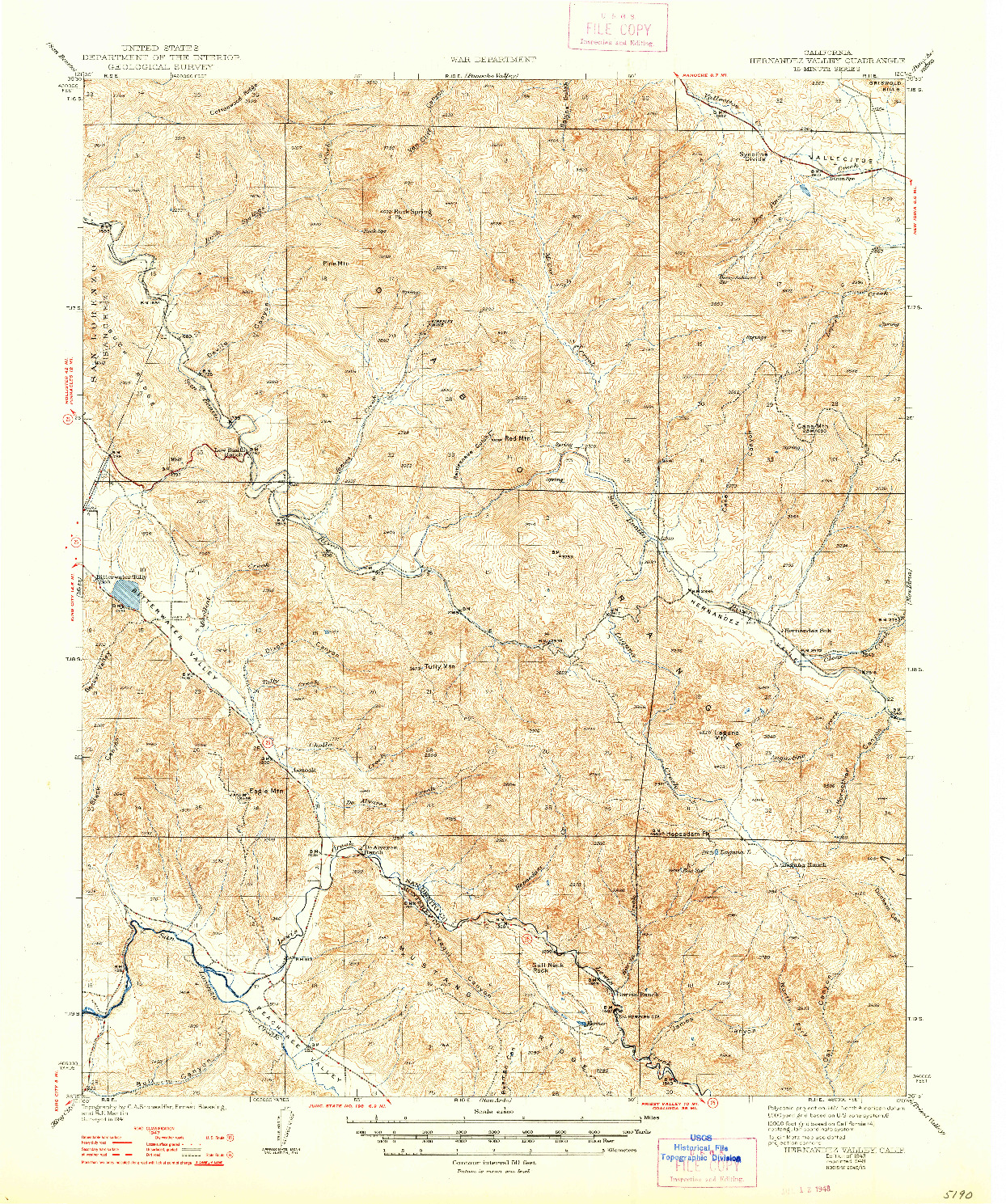 USGS 1:62500-SCALE QUADRANGLE FOR HERNANDEZ VALLEY, CA 1943