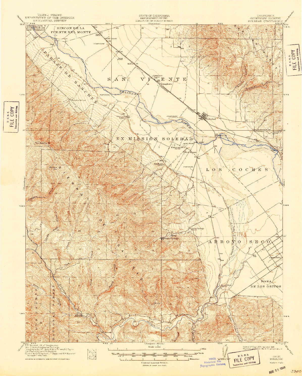USGS 1:62500-SCALE QUADRANGLE FOR SOLEDAD, CA 1915