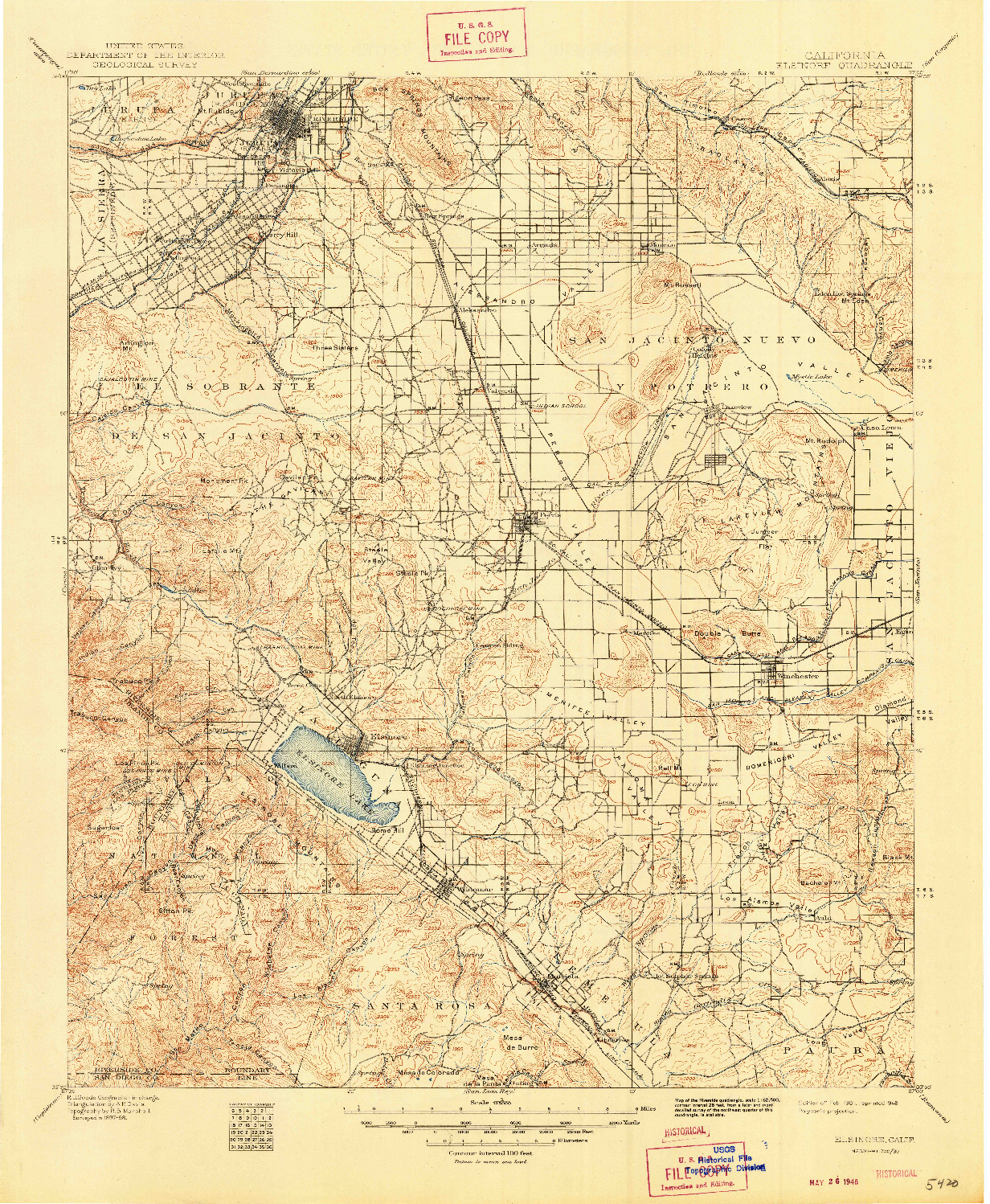 USGS 1:125000-SCALE QUADRANGLE FOR ELSINORE, CA 1901