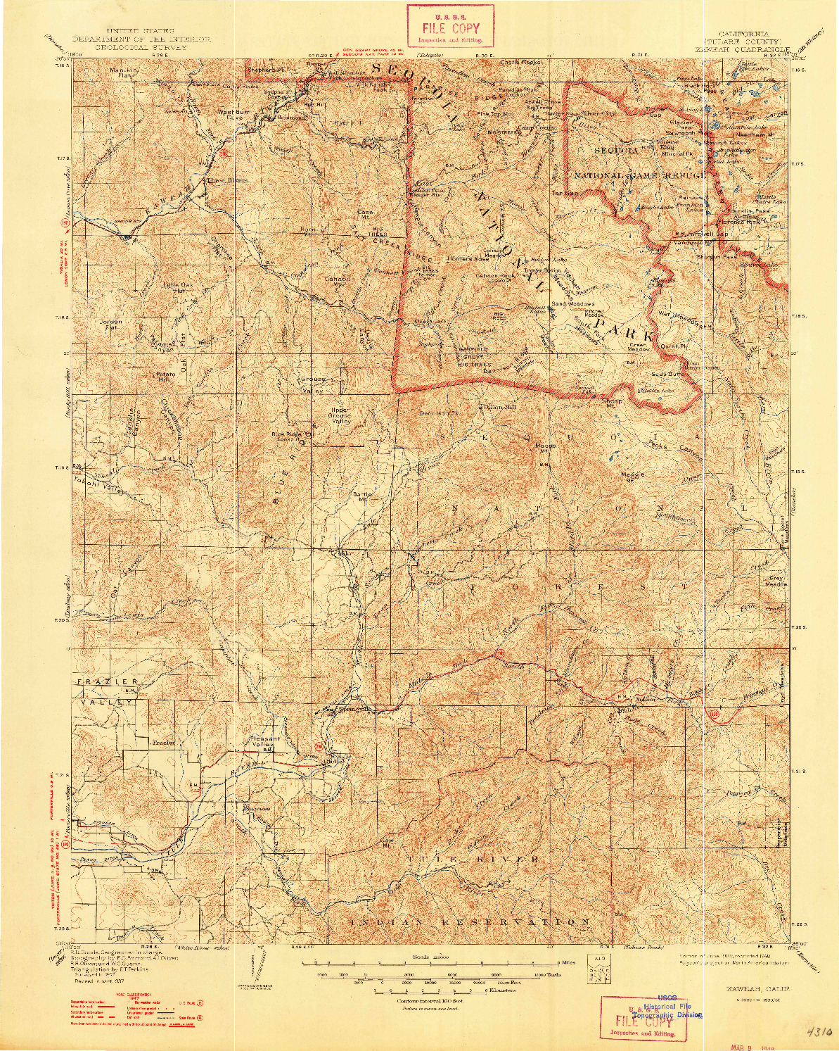 USGS 1:125000-SCALE QUADRANGLE FOR KAWEAH, CA 1909