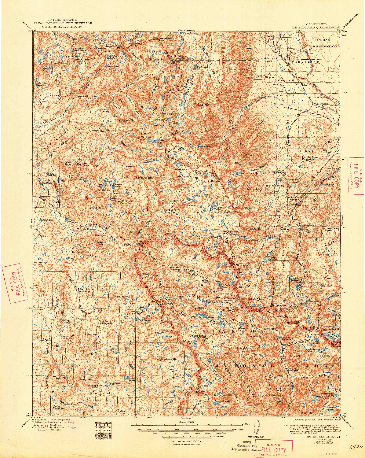 USGS 1:125000-SCALE QUADRANGLE FOR MT. GODDARD, CA 1912