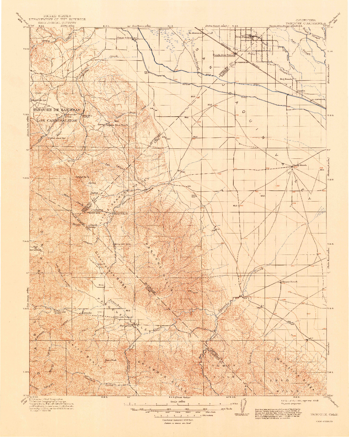 USGS 1:125000-SCALE QUADRANGLE FOR PANOCHE, CA 1913