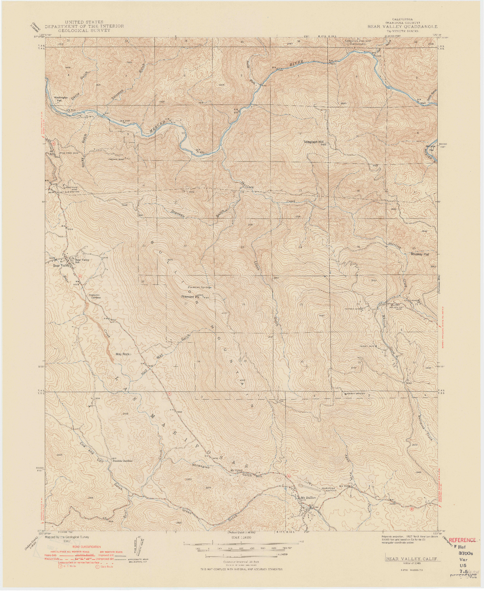 USGS 1:24000-SCALE QUADRANGLE FOR BEAR VALLEY, CA 1948