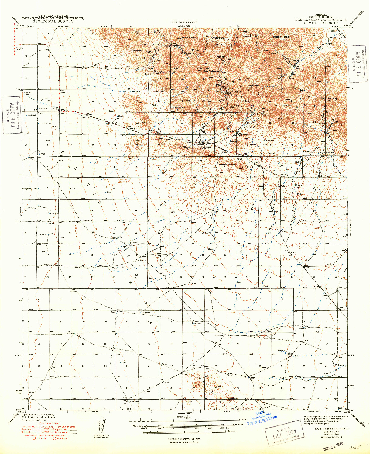 USGS 1:62500-SCALE QUADRANGLE FOR DOS CABEZAS, AZ 1943