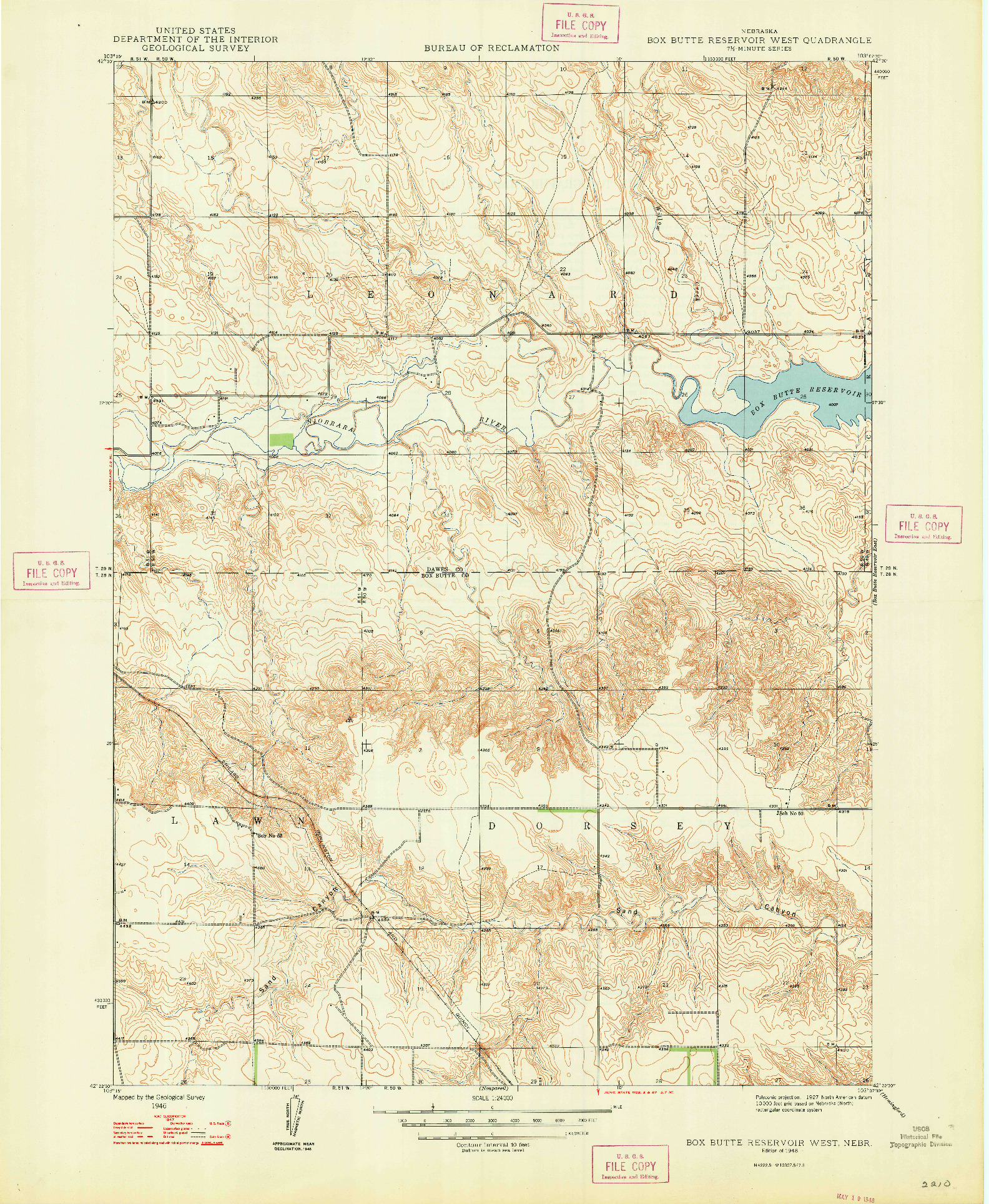 USGS 1:24000-SCALE QUADRANGLE FOR BOX BUTTE RESERVOIR WEST, NE 1948