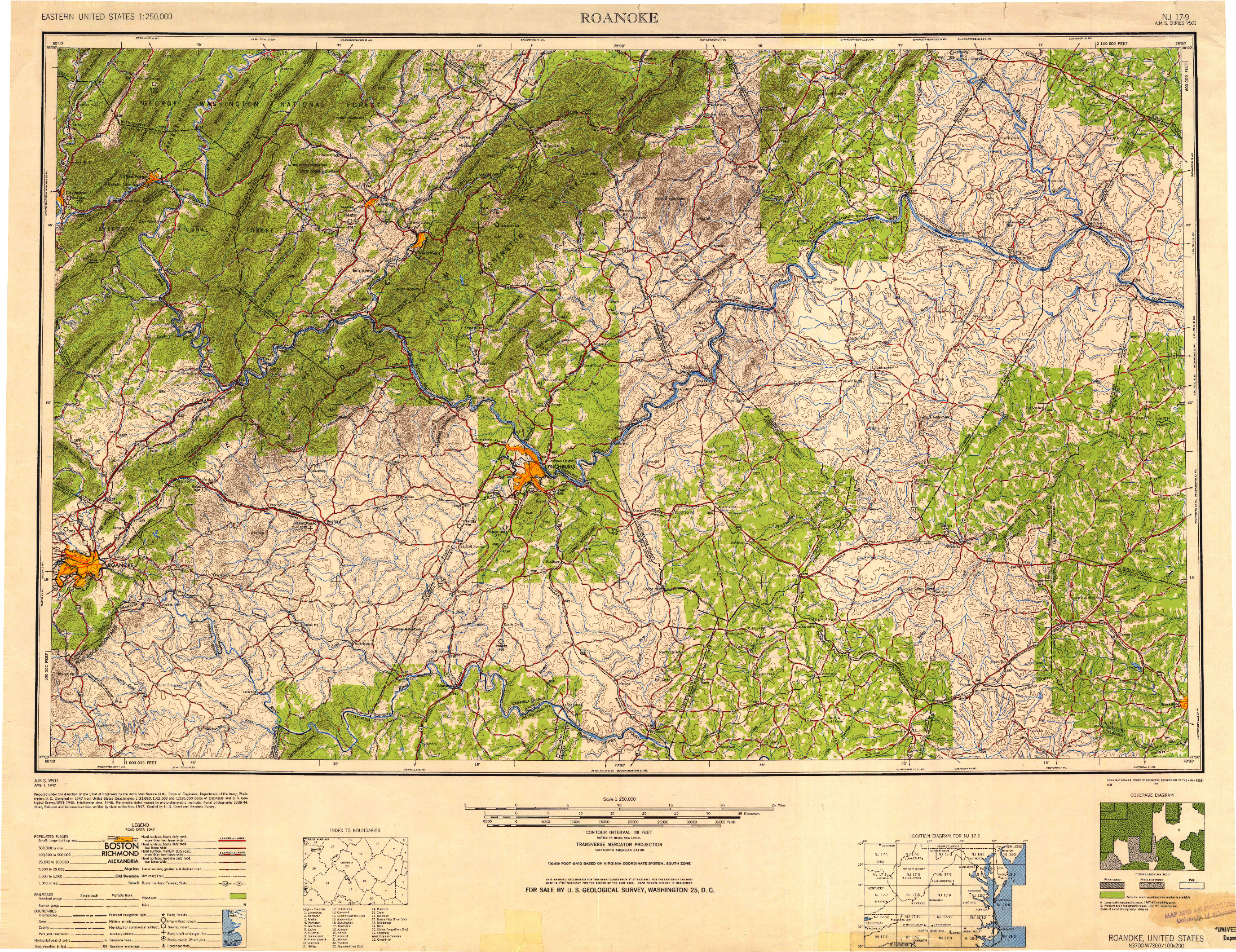 USGS 1:250000-SCALE QUADRANGLE FOR ROANOKE, VA 1947