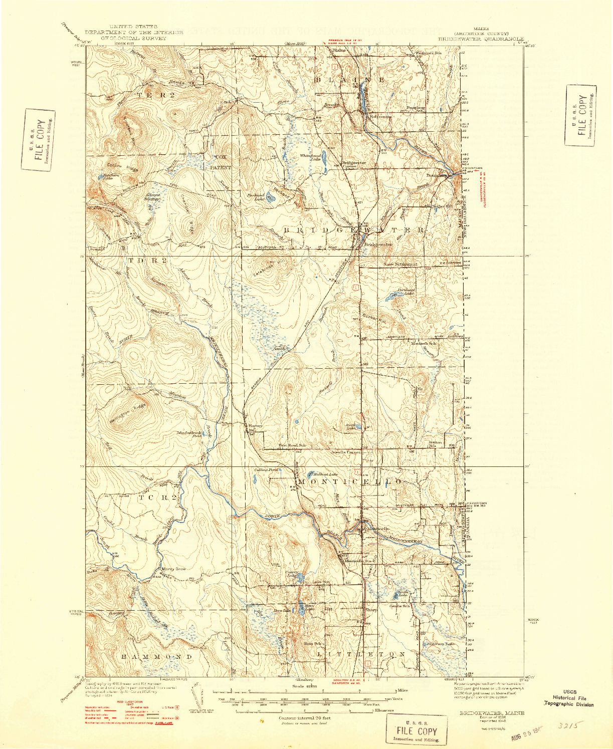 USGS 1:62500-SCALE QUADRANGLE FOR BRIDEGWATER, ME 1938