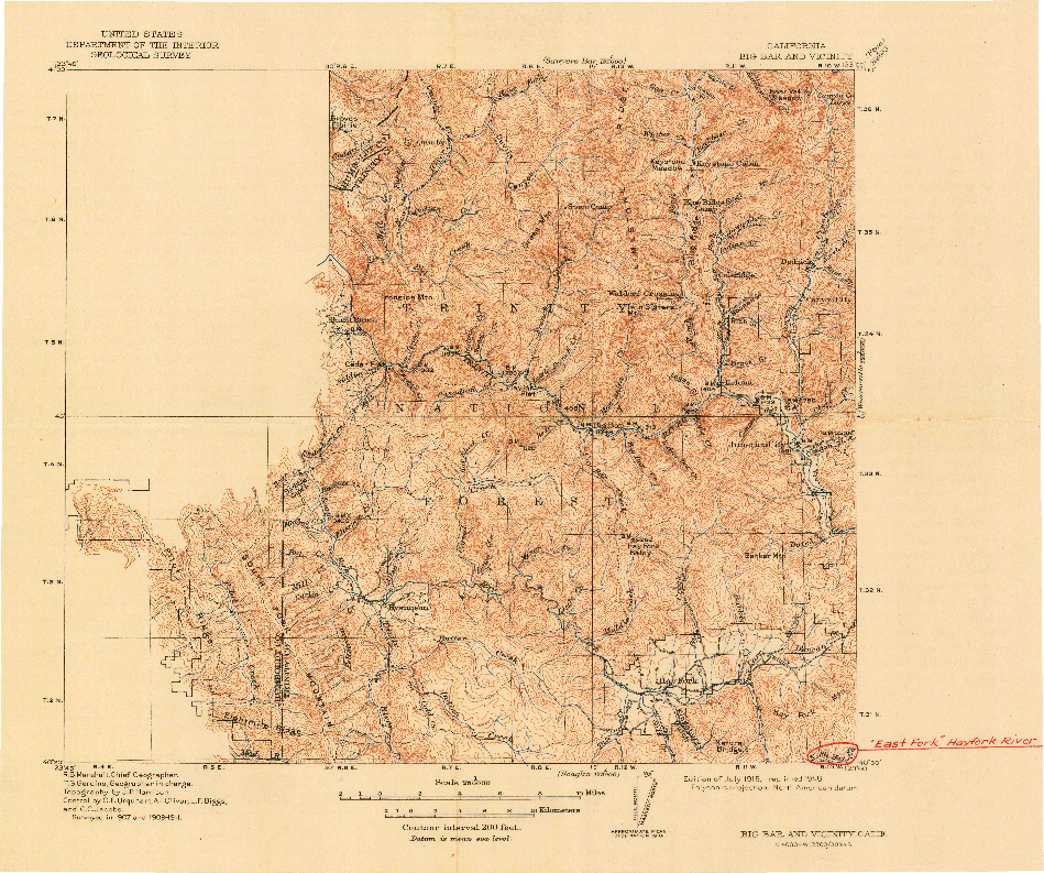 USGS 1:250000-SCALE QUADRANGLE FOR BIG BAR AND VICINITY, CA 1915