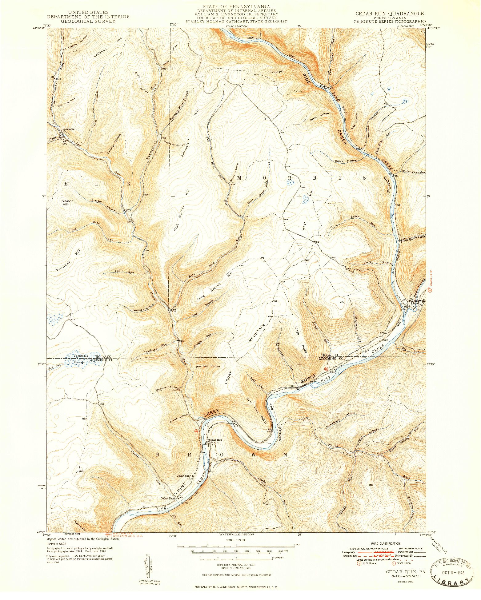 USGS 1:24000-SCALE QUADRANGLE FOR CEDAR RUN, PA 1948