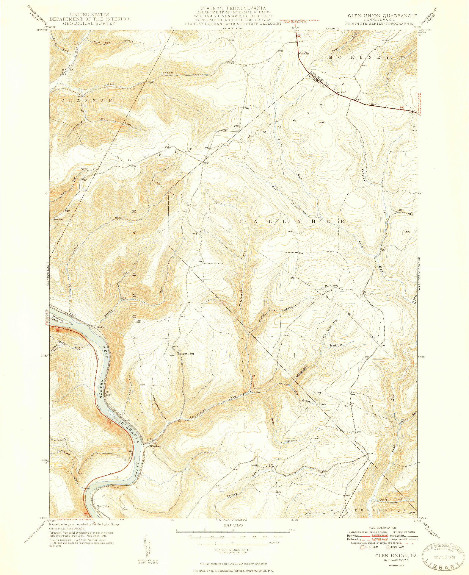 USGS 1:24000-SCALE QUADRANGLE FOR GLEN UNION, PA 1948