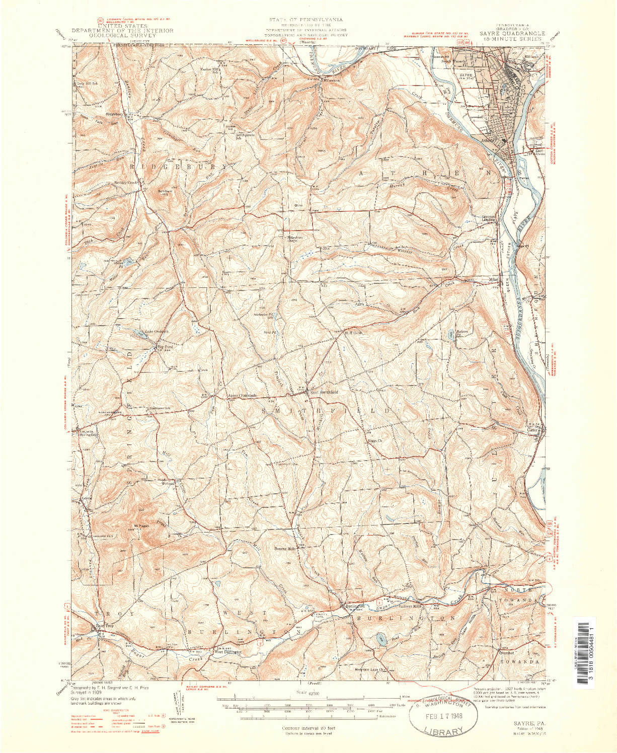 USGS 1:62500-SCALE QUADRANGLE FOR SAYRE, PA 1948