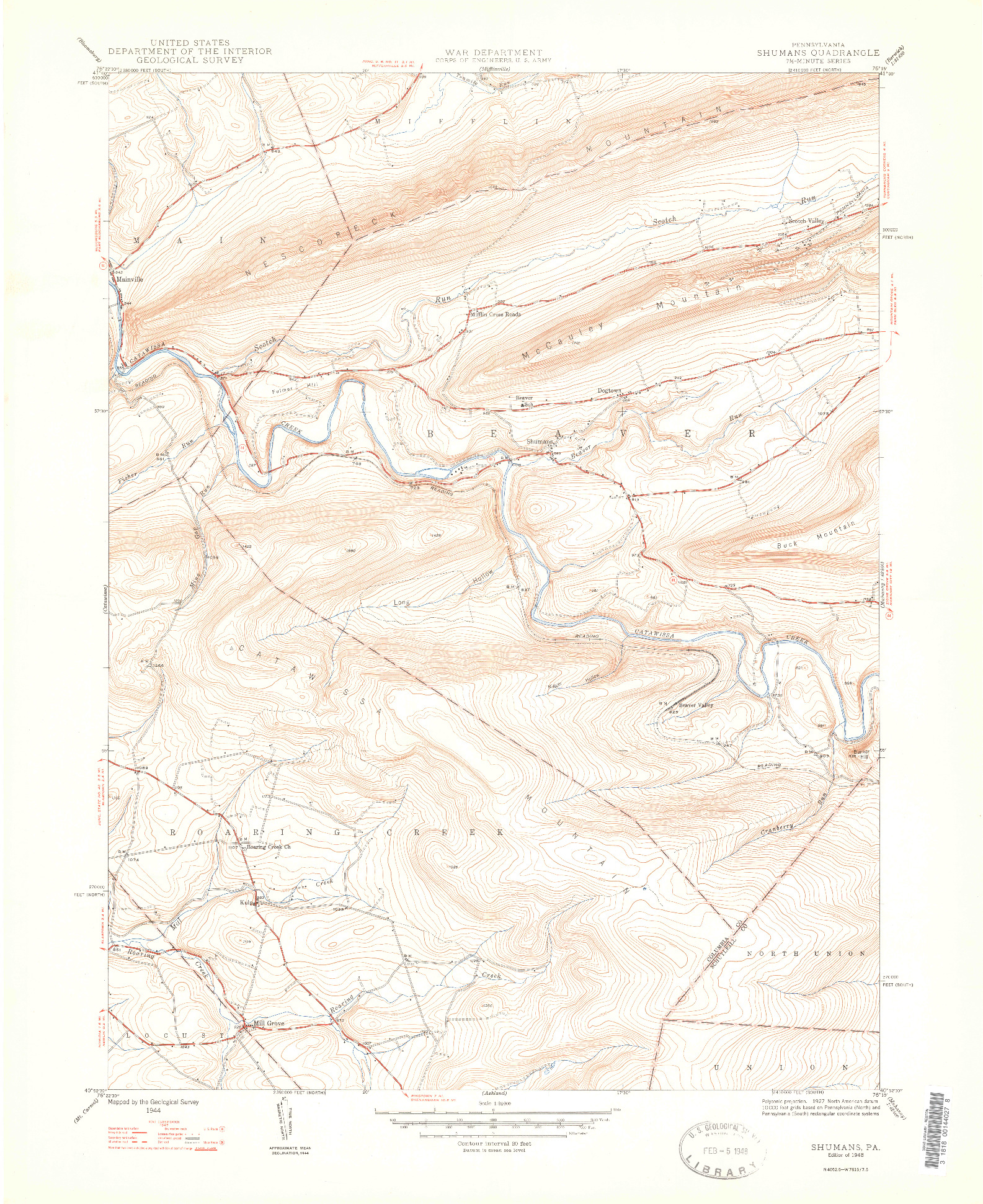 USGS 1:24000-SCALE QUADRANGLE FOR SHUMANS, PA 1948