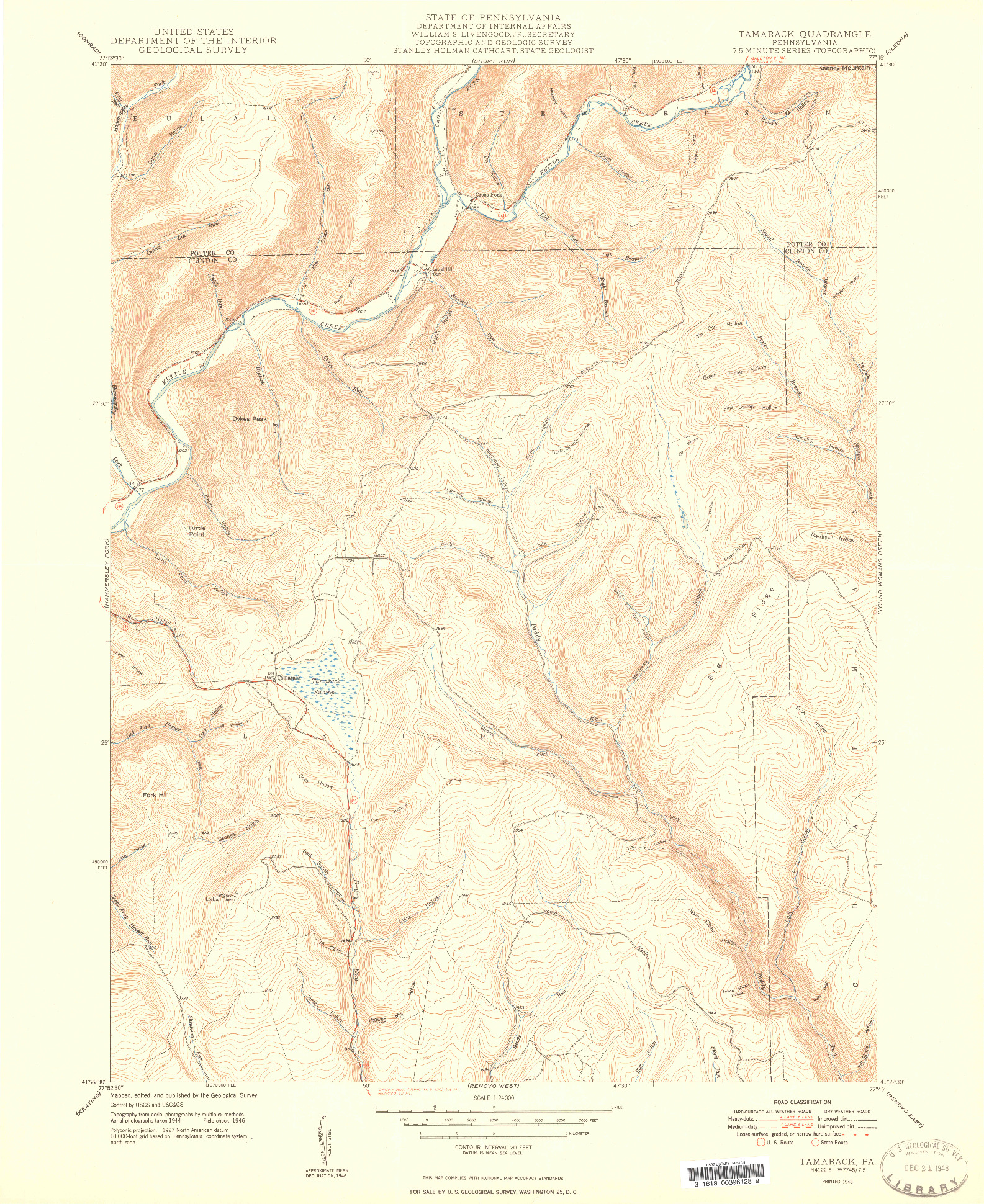 USGS 1:24000-SCALE QUADRANGLE FOR TAMARACK, PA 1948