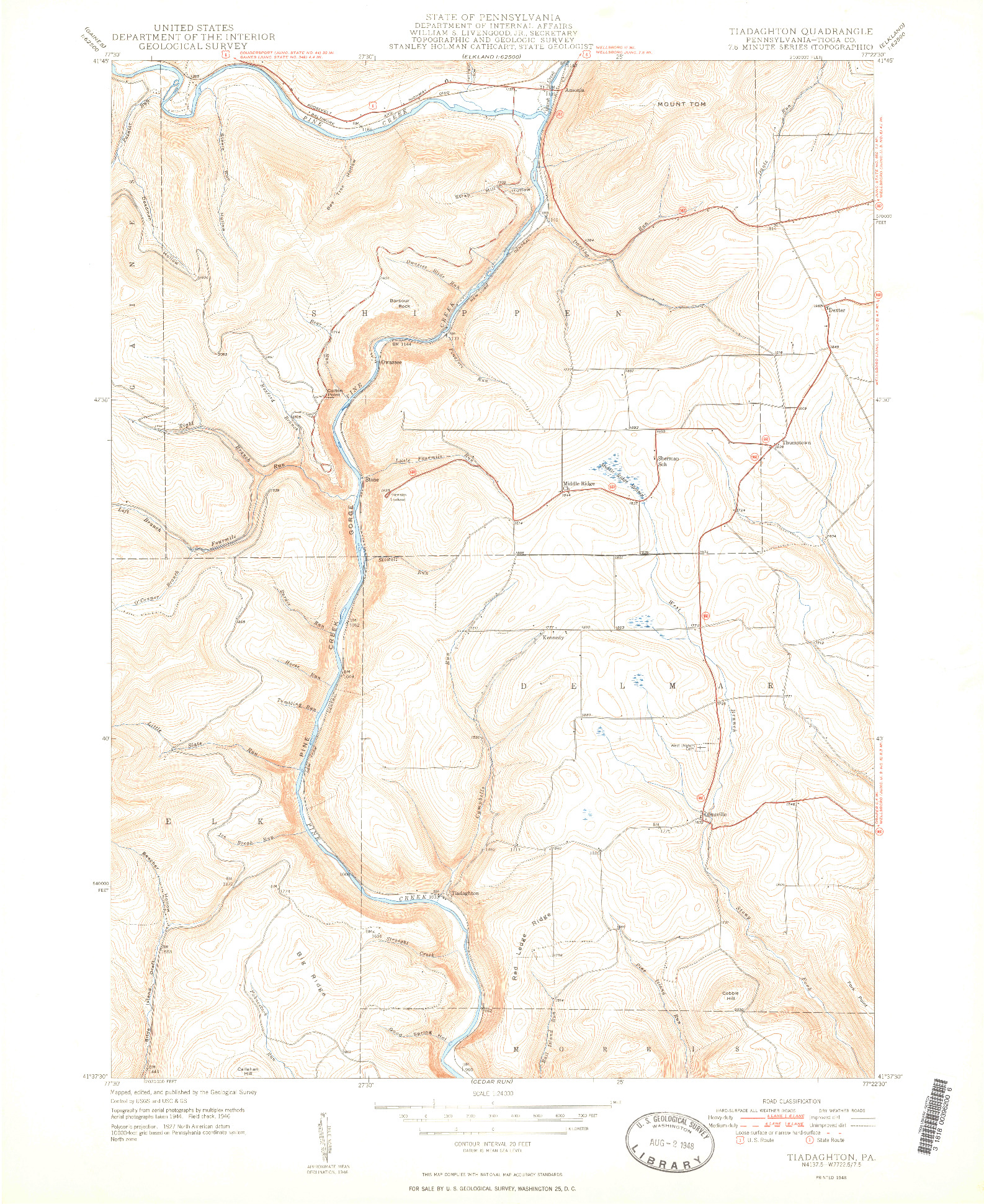 USGS 1:24000-SCALE QUADRANGLE FOR TIADAGHTON, PA 1948