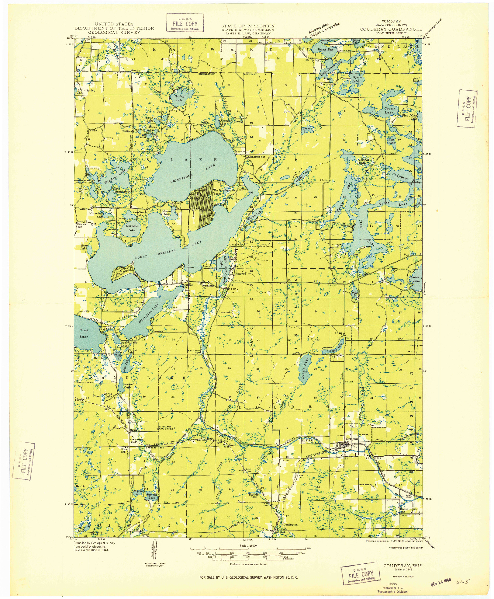 USGS 1:48000-SCALE QUADRANGLE FOR COUDERAY, WI 1948