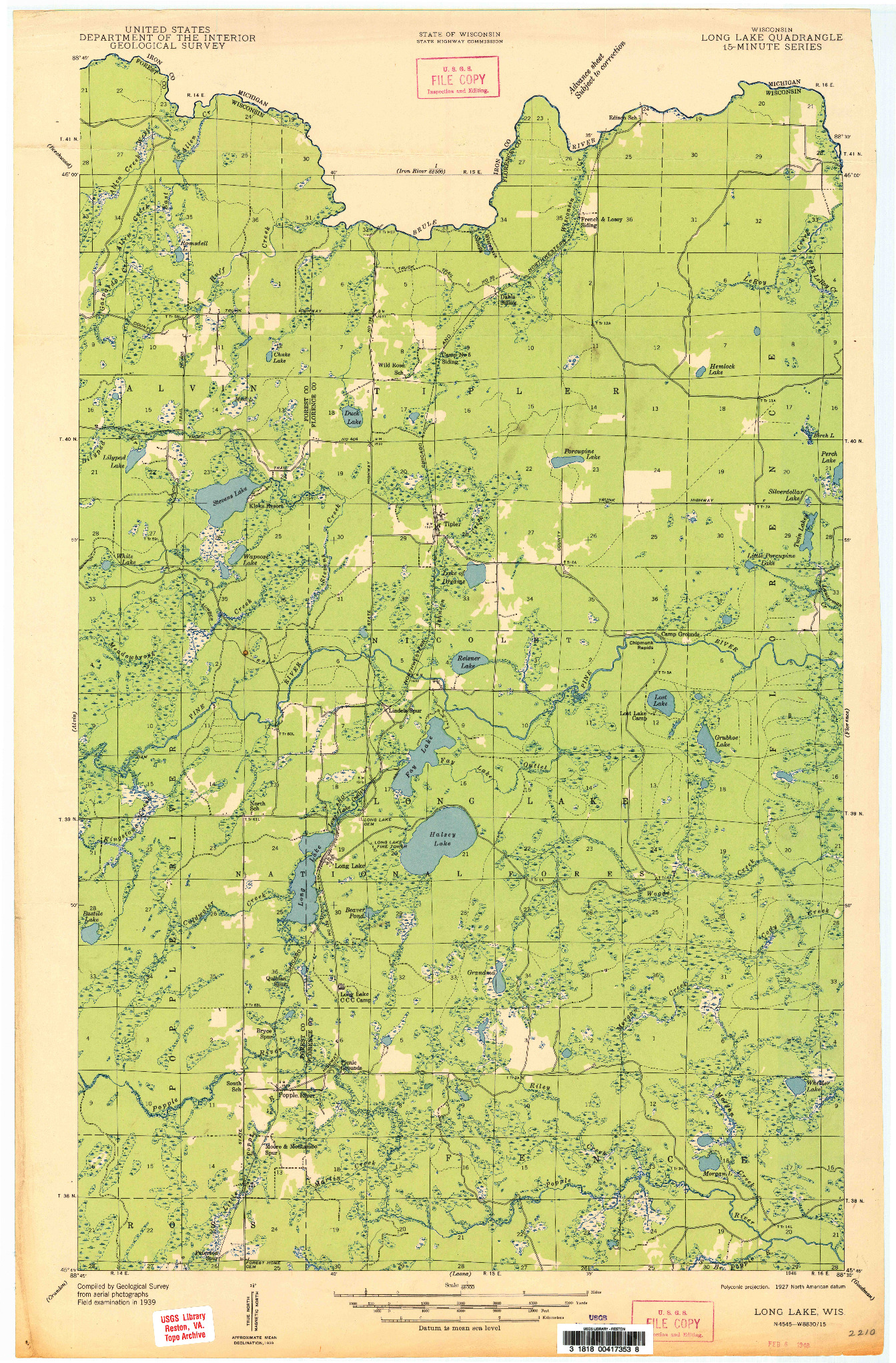 USGS 1:48000-SCALE QUADRANGLE FOR LONG LAKE, WI 1948