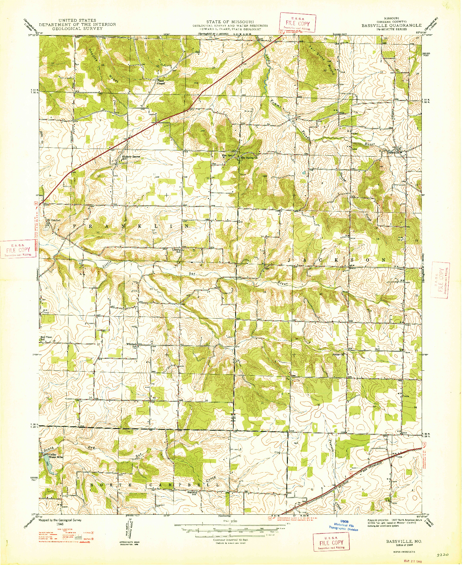 USGS 1:24000-SCALE QUADRANGLE FOR BASSVILLE, MO 1946