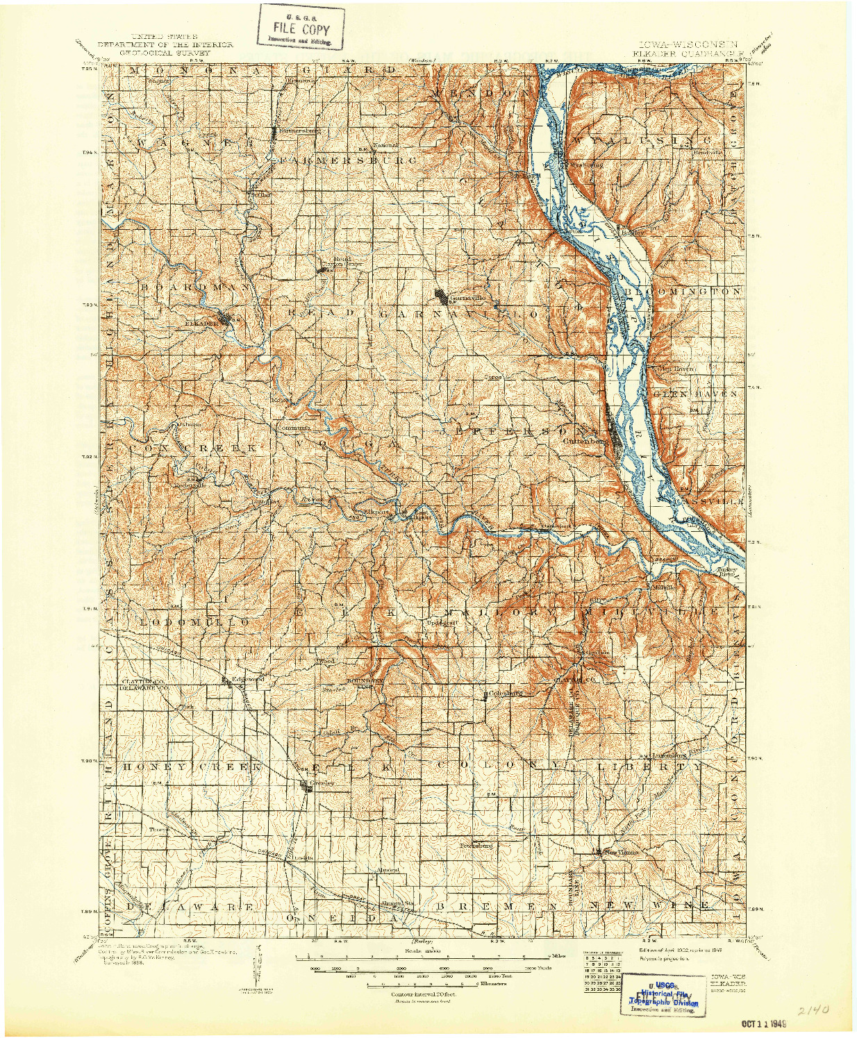 USGS 1:125000-SCALE QUADRANGLE FOR ELKADER, IA 1902